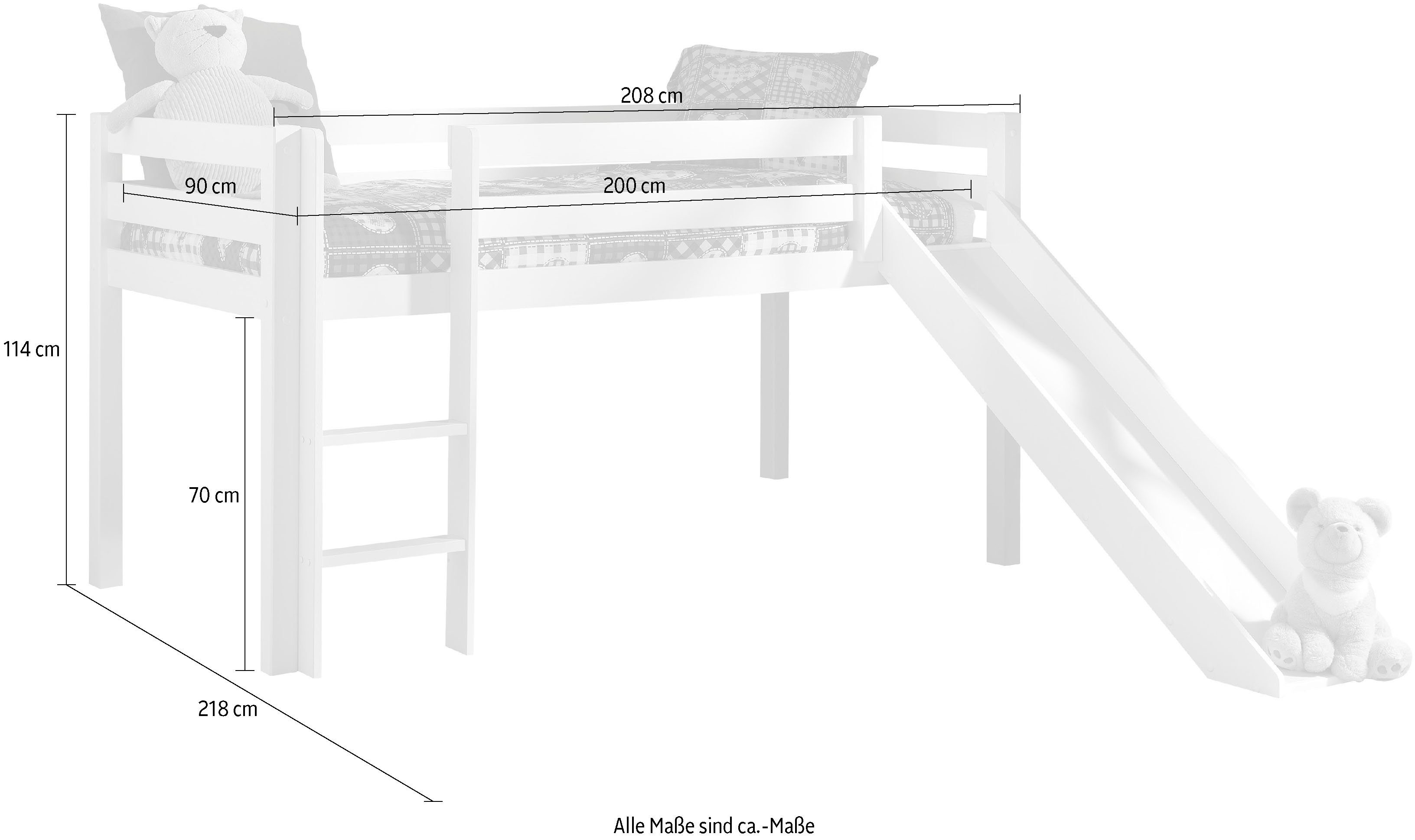 Vipack Hochbett Pino, inkl. Rolllattenrost, Leiter, Rutsche und Absturzschutz (B/H/T ca. 210x114x218cm, Kiefer massiv, stabil und standfest) in verschiedenen Farben erhältlich