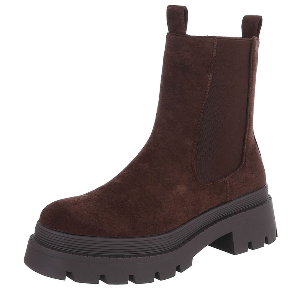 Ital-Design Damen Chelsea Boot mit Profilsohle und Blockabsatz Plateaustiefelette (92125251) Blockabsatz Stiefeletten in Braun