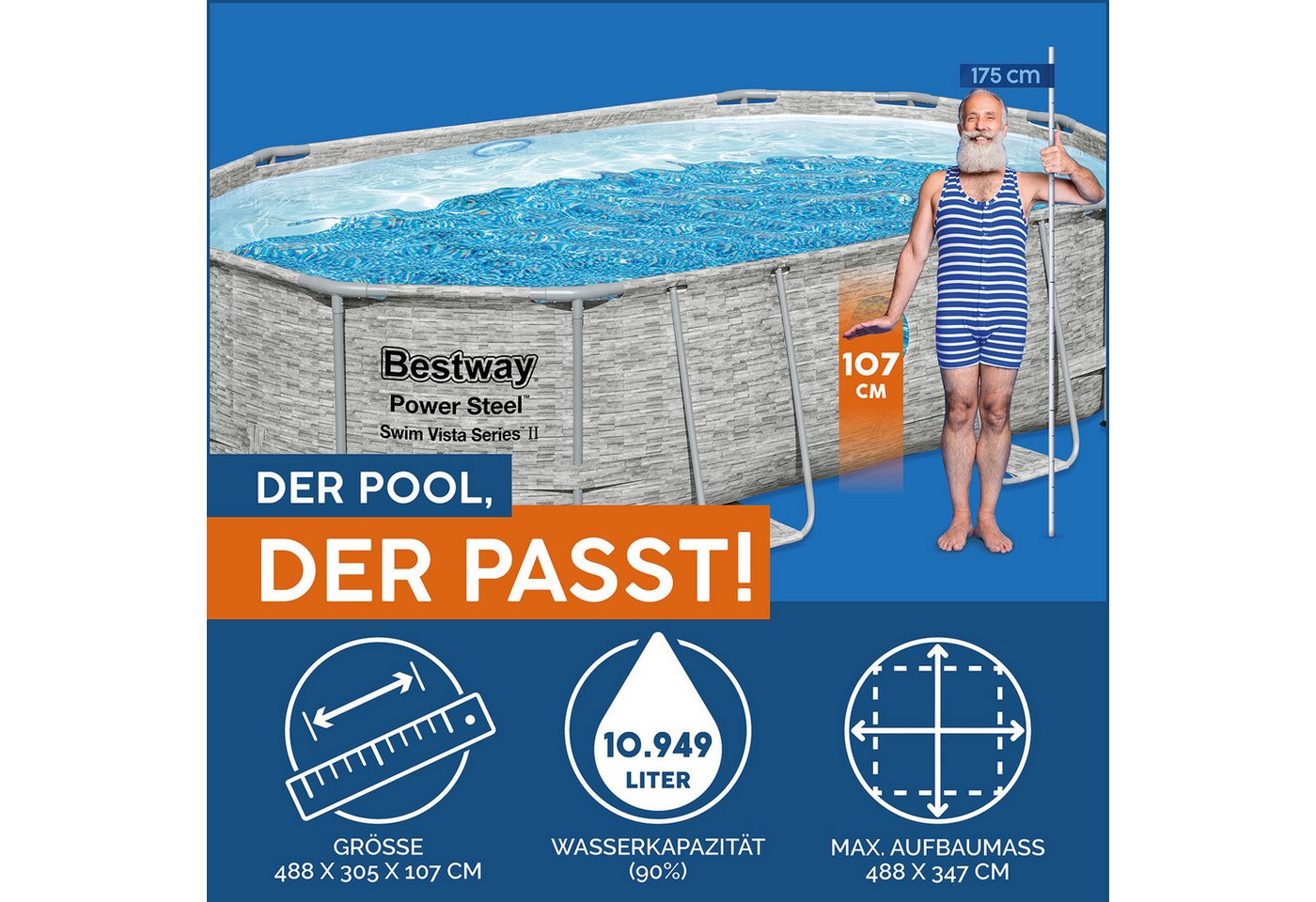 Thumbnail - Bestway Framepool Power Steel™ Swim Vista Series™ (Packung, ohne Zubehör), 488 x 305 x 107 cm, Inkl. Bullaugen