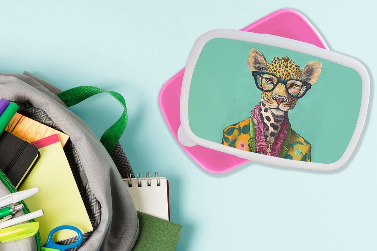(2-tlg), MuchoWow rosa Brotdose Mädchen, Tiere Design, Kunststoff Lunchbox Blätter Giraffe Erwachsene, - - für Kunststoff, Brotbox Brille - Kinder, Snackbox, -