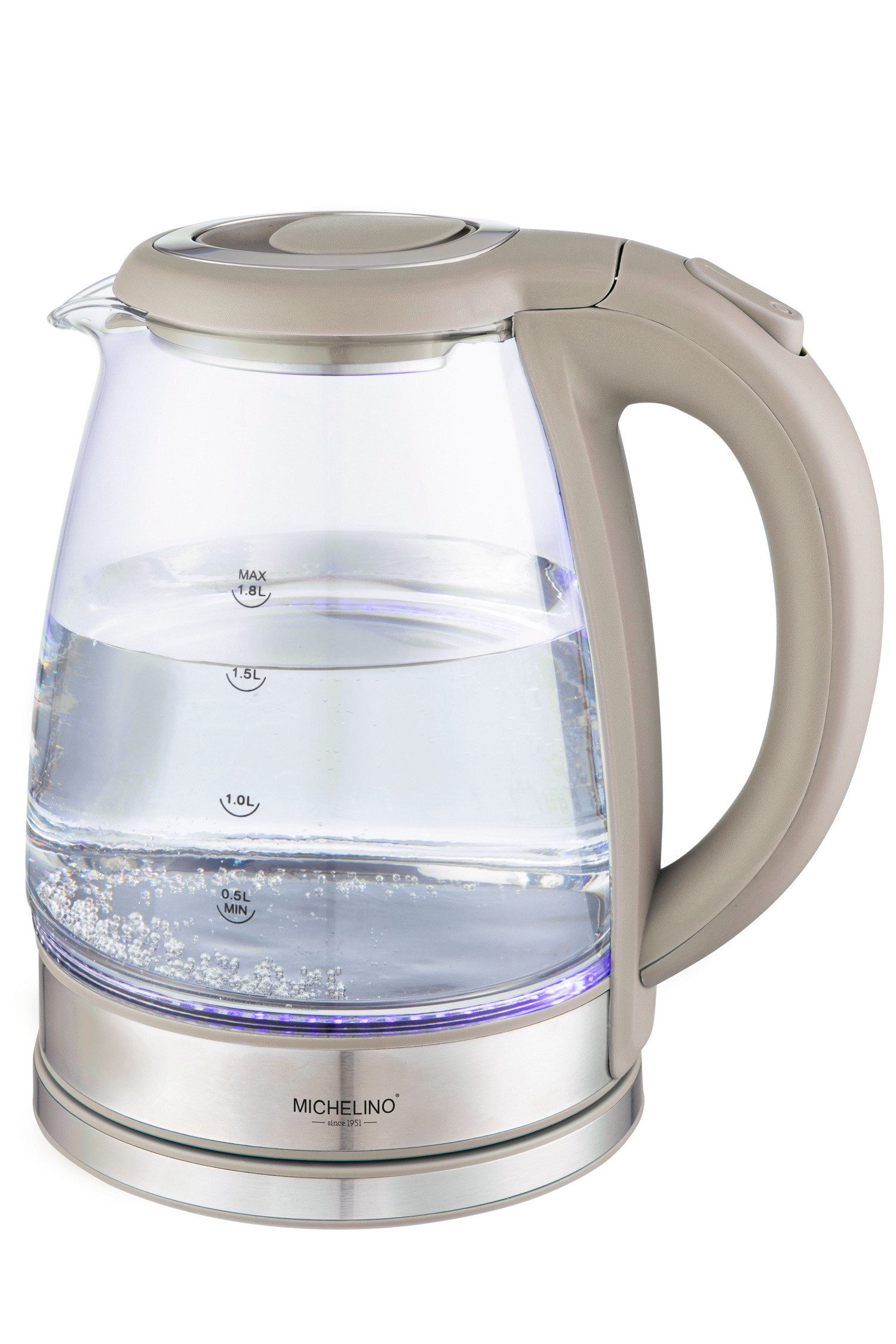 Michelino Wasserkocher Glaswasserkocher Glas-Heißwasserspender ALYTHIA, 1800,00 W, hochwertiges Borosilikatglas mit Edelstahl-Applikationen