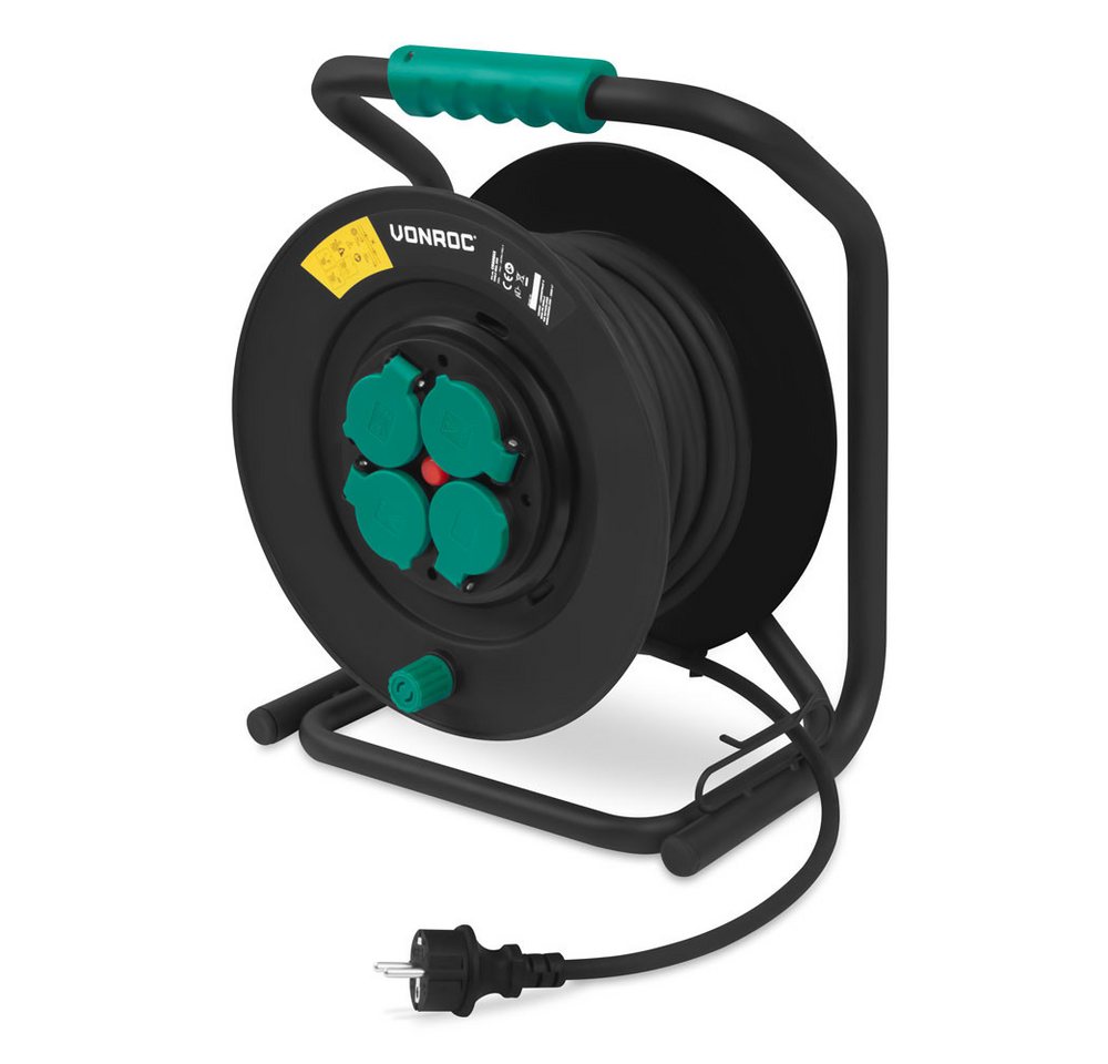 VONROC PRO Kabeltrommel 4-fach (IP44 - Neopren Kabel H07RN-F 3x1,5 mm² - 4 Schuko-Steckdosen mit Erdung -, 3000 Watt (aufgewickelt) / 1100 W (aufgerollt), Kabellänge 25 m), - fester Kern - Wärmeschutz