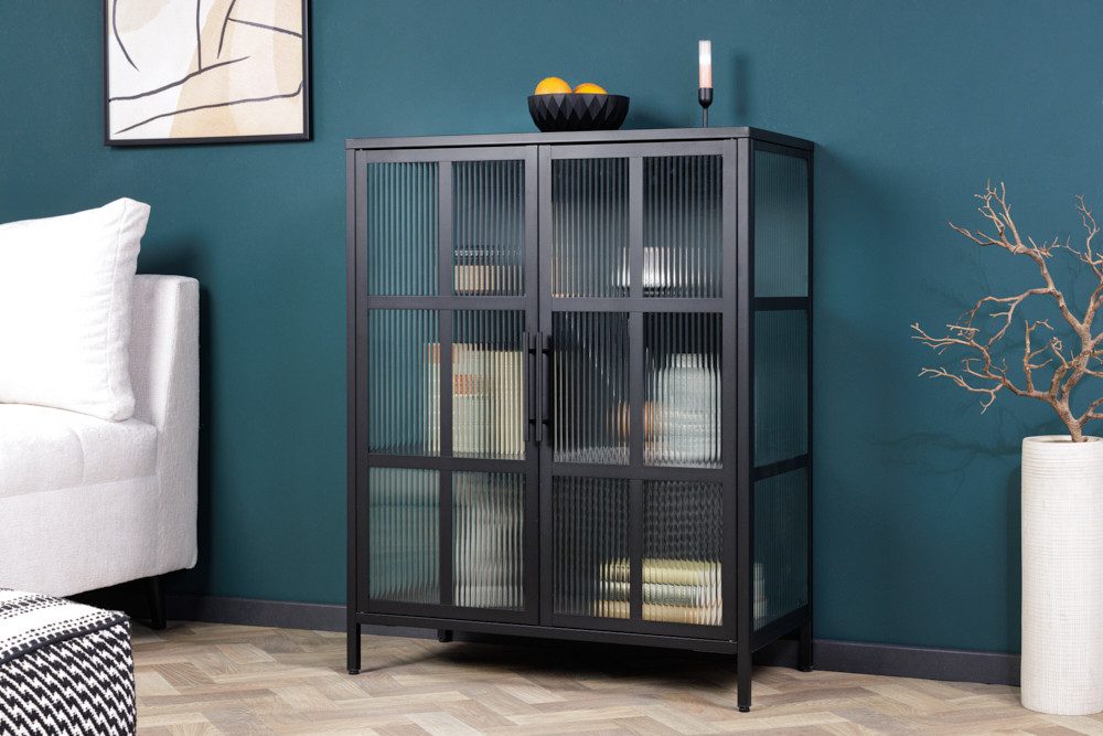 riess-ambiente Vitrine DURA STEEL 80cm schwarz - Metall, Riffelglas, 3 Fächer (Einzelartikel, 1-St) Industrial Design & Glastüren – ideal für Geschirr & Deko im Esszimmer