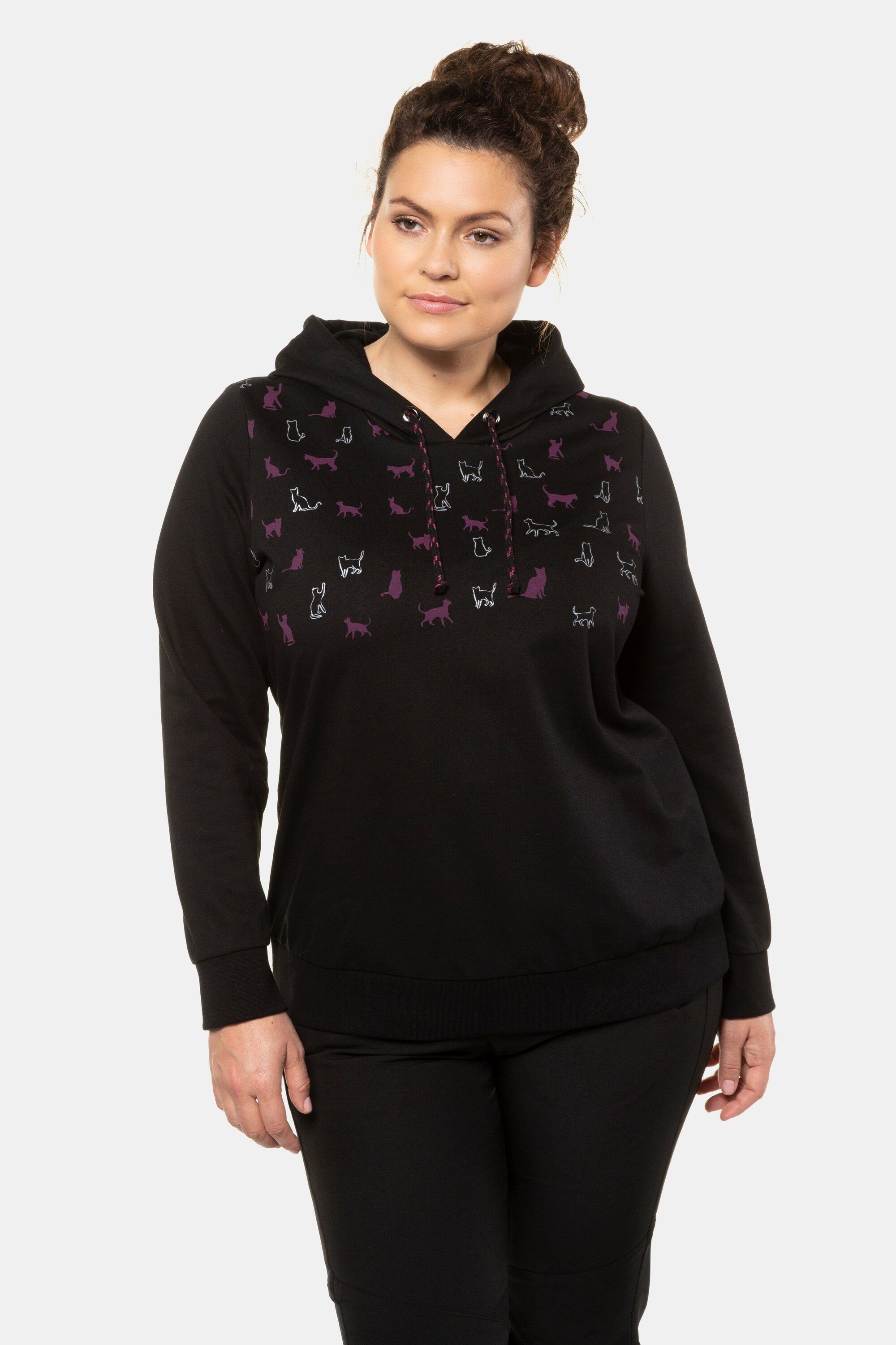 Ulla Popken Sweatshirt Hoodie Katzenmuster verstellbare Kapuze