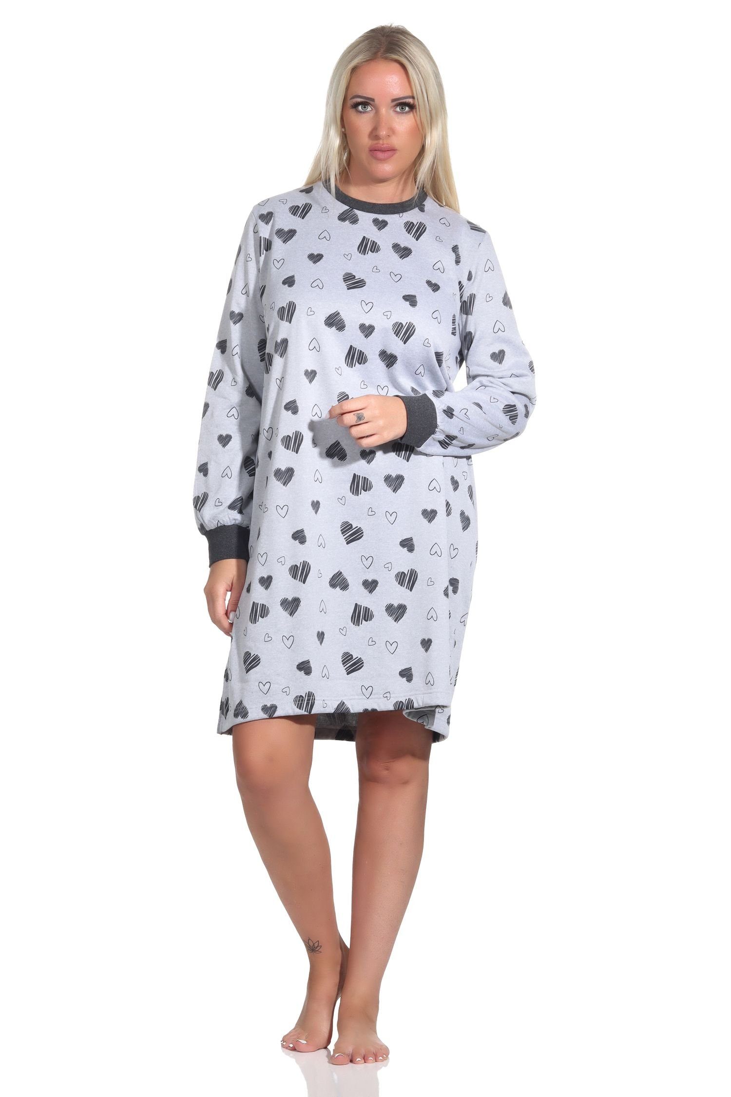 Normann Nachthemd Damen in langarm grau-melange Optik mit Herz Frottee Nachthemd Bündchen