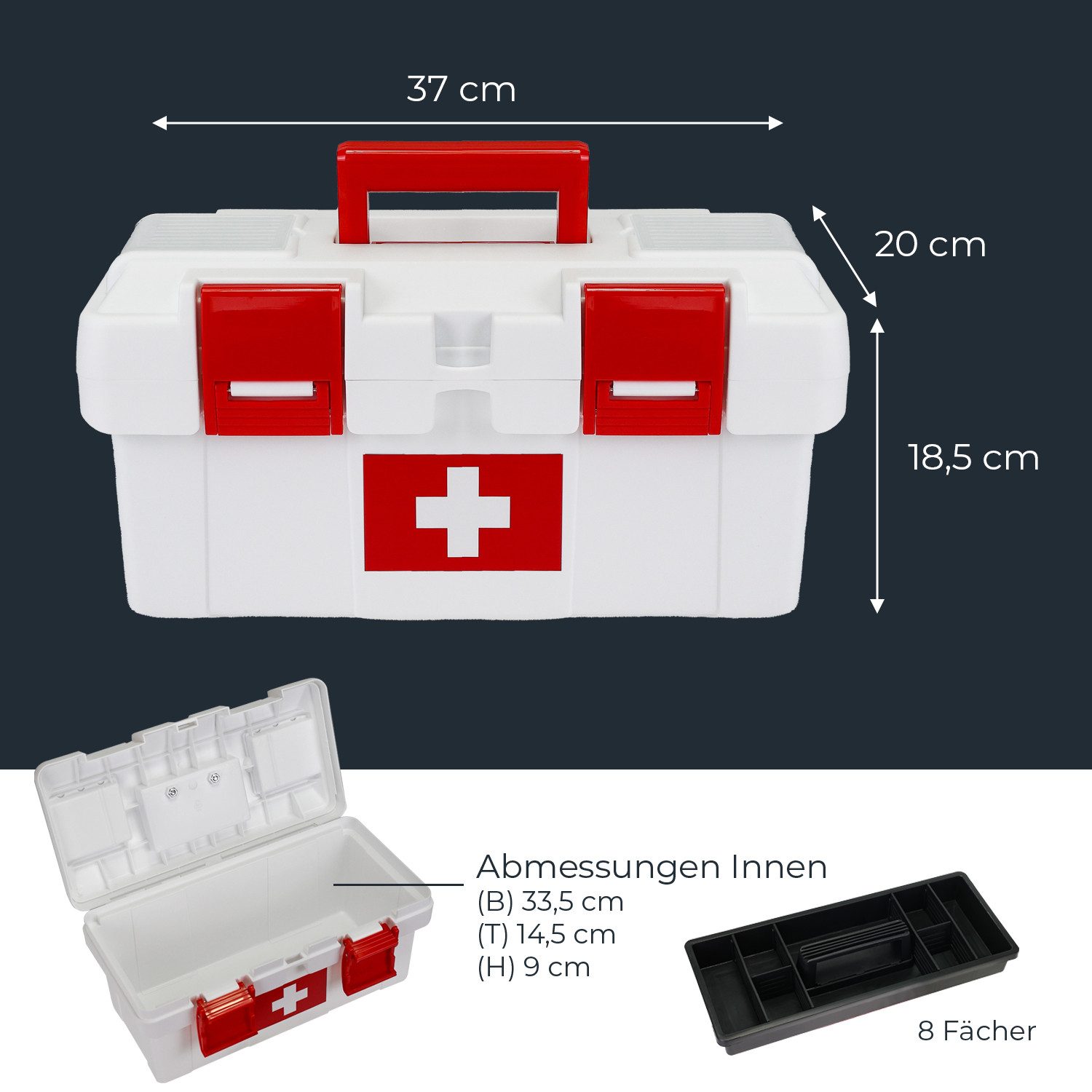 HMF Erste-Hilfe-Koffer Erste Hilfe Kasten zur Medikamenten Aufbewahrung, Medizinbox, leer für Sportverein, Betrieb oder Zuhause, 37 x 20 x 18,5 cm Weiß-Rot – Bild 5 von 5