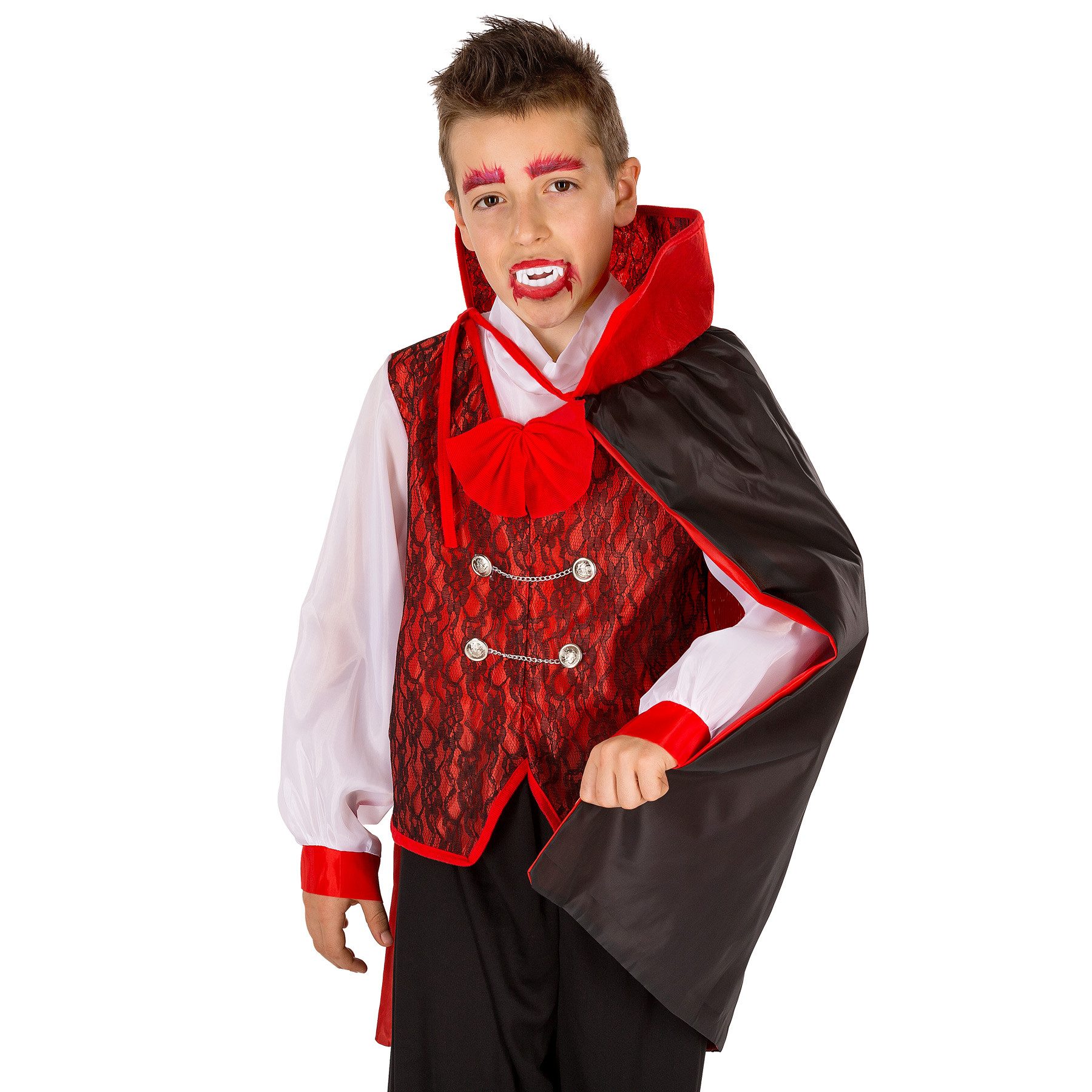 dressforfun Vampir-Kostüm Dracula/Blutsauger, in schwarz, Hemd mit Westenoptik, Edle Knöpfe, Gr. 116 (5-7 Jahre), Dracula-Umhang mit Spitze, Schlichte bequeme Hose