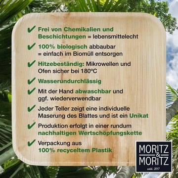 Moritz & Moritz Einweggeschirr-Set Palmblattgeschirr Teller eckig, Palmblatt, Birkenholz, Nachhaltiges Einweggeschirr - 25 Teller Einweg - Palmblatt Geschirr Eckig 25x25cm