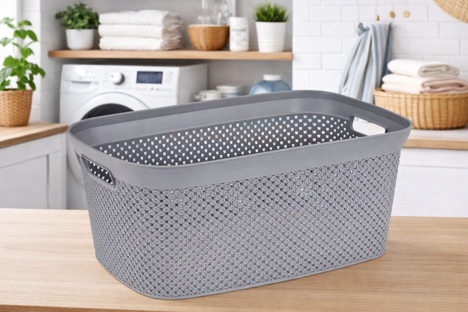 Ebaxx Wäschekorb Wäschekorb Plastik Kunststoff Korb Grau Weiß Rattan Optik 35 L