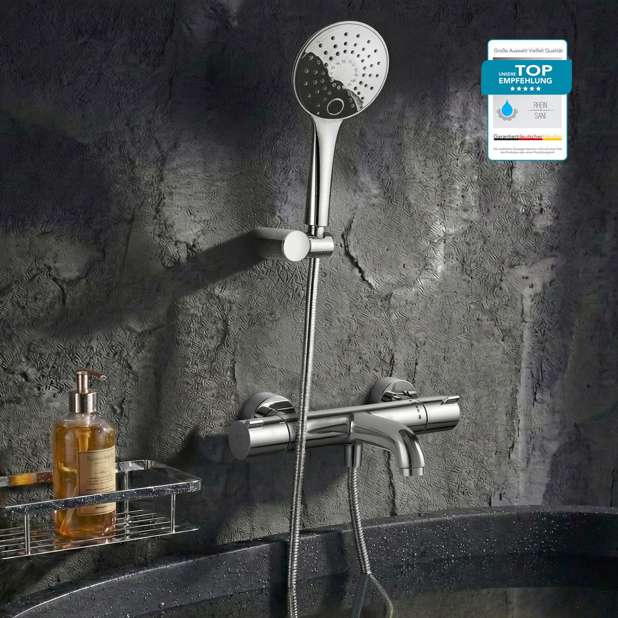 hansgrohe Wannenarmatur Ecostat 1001 CL mit Handbrause oder Regendusche, Sicherheitssperre 40° (Spar-Set) Wannenthermostat mit Eco-Funktion in Modern-Design, Wandmontage, chrom