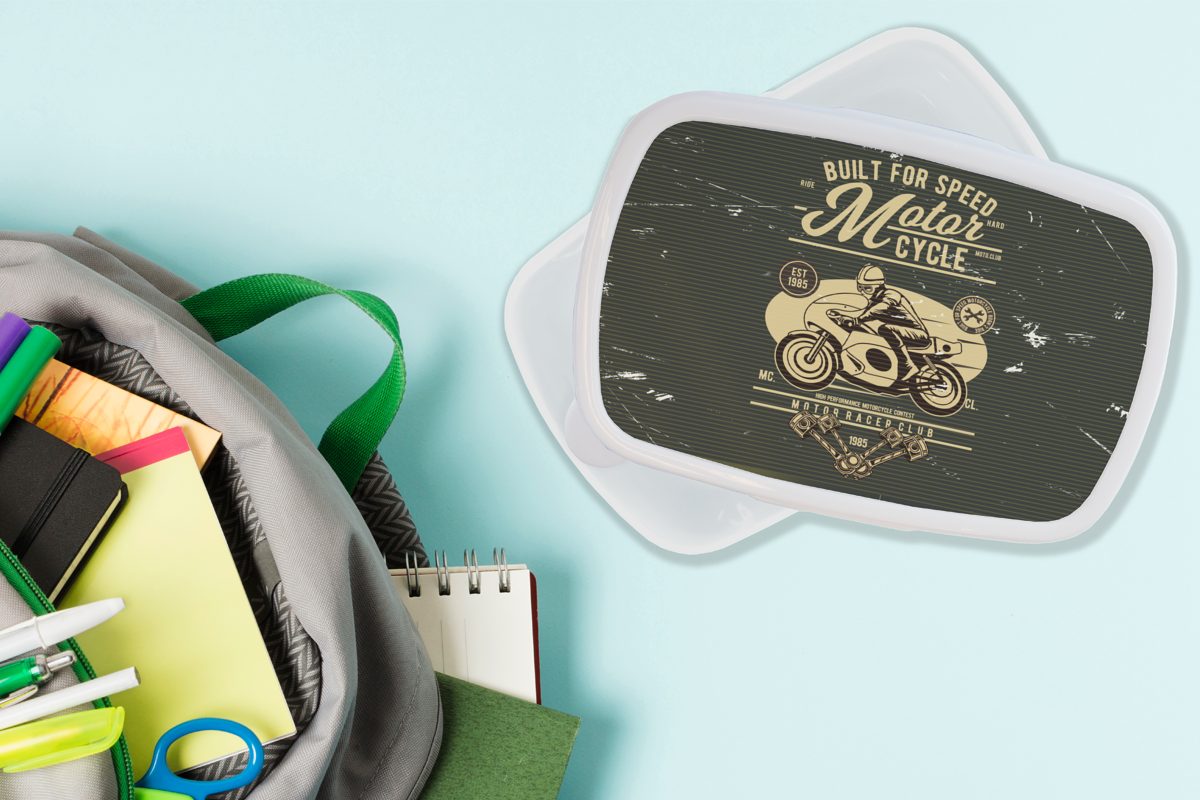 für weiß Retro Brotbox Jungs und Kinder Briefe, Erwachsene, (2-tlg), und Mädchen MuchoWow Brotdose, für - Lunchbox Kunststoff, - Motorrad