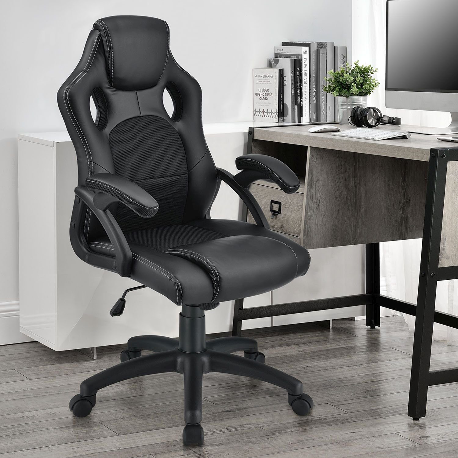 Juskys Gaming-Stuhl Montreal, Ergonomisch geformte Schwarz Sitzfläche, kippbar Rückenlehne und Sitzfläche