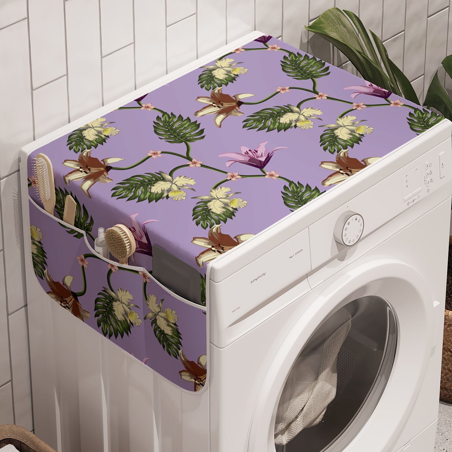 Abakuhaus Badorganizer Anti-Rutsch-Stoffabdeckung für Waschmaschine und Trockner, Tropisch Exotische Lily und Hibiscus