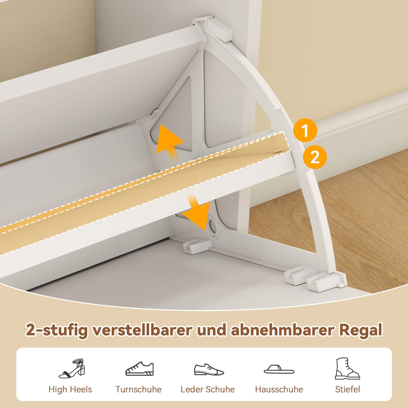 Puluomis Schuhschrank Schuhkipper mit 2 Schublade, 2 Klappen Schuhregal 24x80x106 cm (mit Kippschutz, weiß) – Bild 4 von 5