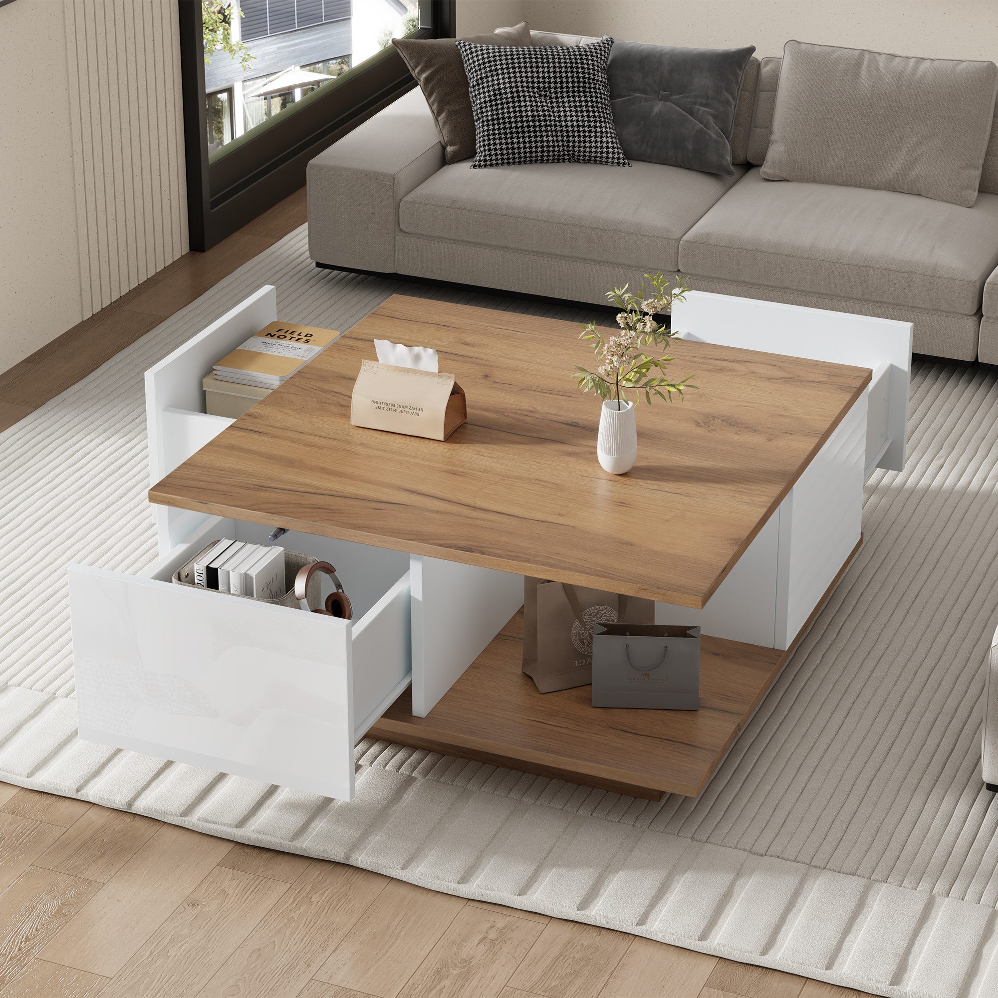 STILVORA Couchtisch mit offenem Stauraum,Beistelltisch Kaffeetisch mit 3 Schubladen,Natur (Sofatisch,Beistelltisch, 1-St., mit 3 Schubladen), geometrischer Kaffeetish