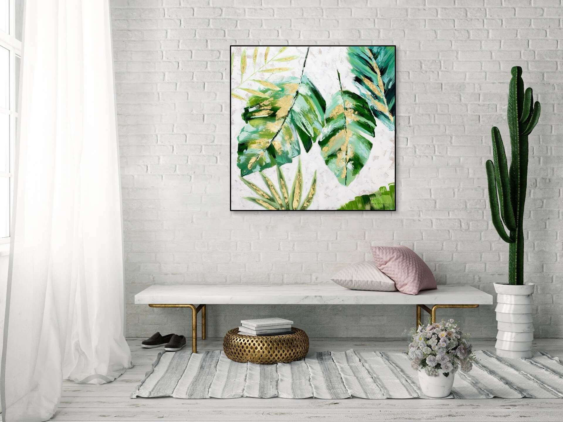 KUNSTLOFT Gemälde Wehende Blätter HANDGEMALT Wandbild cm, Wohnzimmer 100% 90x90 Leinwandbild