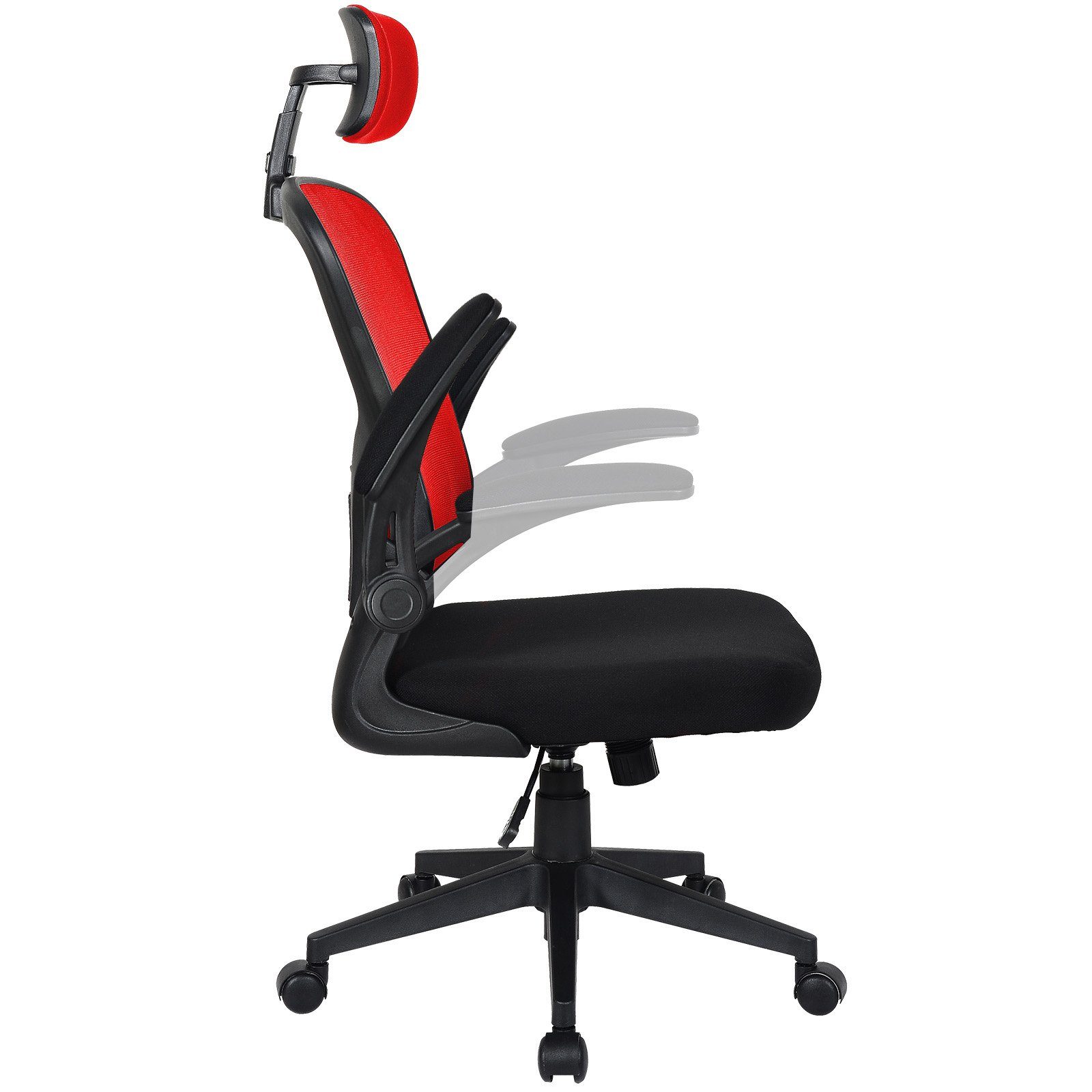 TRISENS Armlehnen Bürostuhl / (1 Mesh-Optik Home Harry Chair Chefsessel Schwarz in Kopfstütze mit Rot mit Office Stück), hochgeklappten