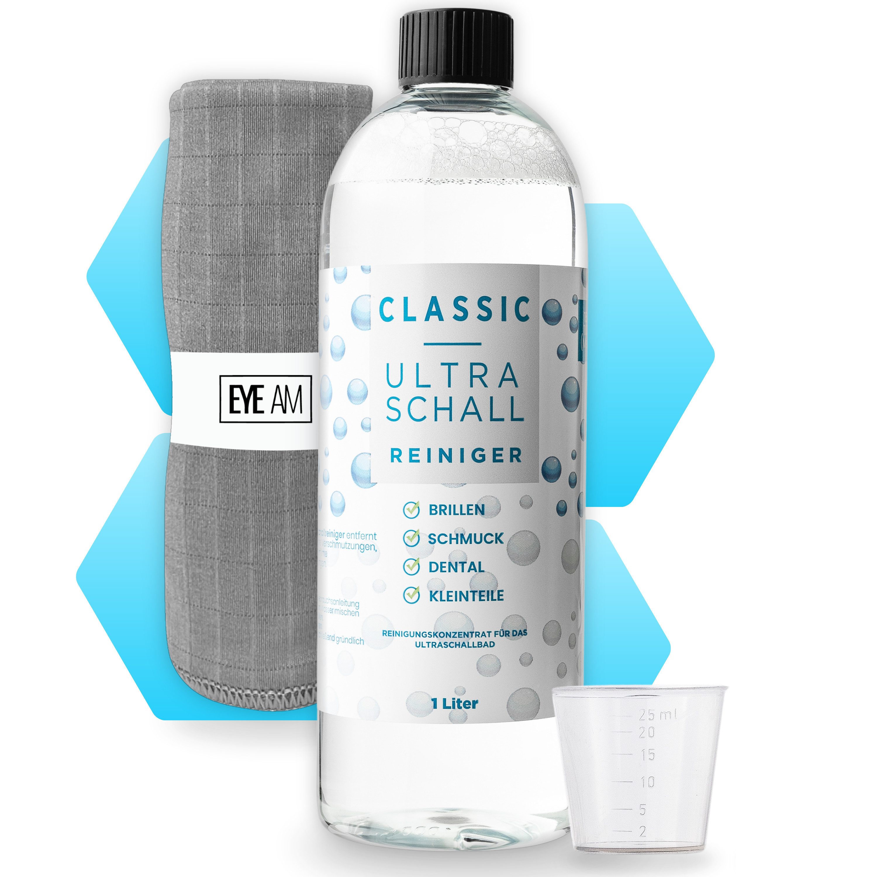 EyeAm Ultraschallreiniger Konzentrat, Ideal für Brillen, Schmuck, Dental, Glasreiniger (Inkl. Mikrofasertuch)