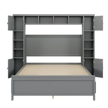 MODFU Kinderbett Bettgestell mit Stauraum, mit 4 Schubladen und großem Stauschrank (140*200 cm, Doppelbett aus Massivholz mit Lattenrost), ohne Matratze