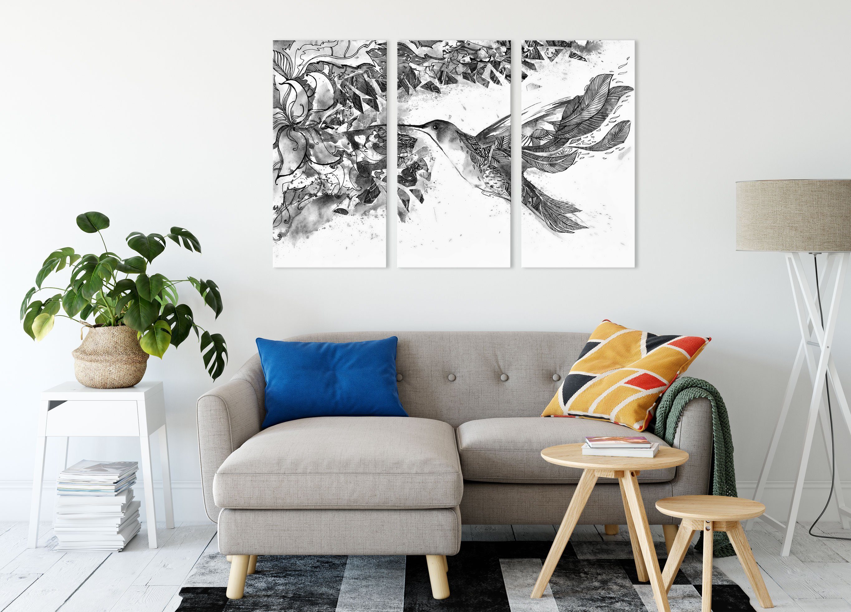 (120x80cm) Pixxprint St), Zackenaufhänger Kunst 3Teiler Kolibri fertig Leinwandbild inkl. Kolibri bespannt, (1 Kunst, Leinwandbild
