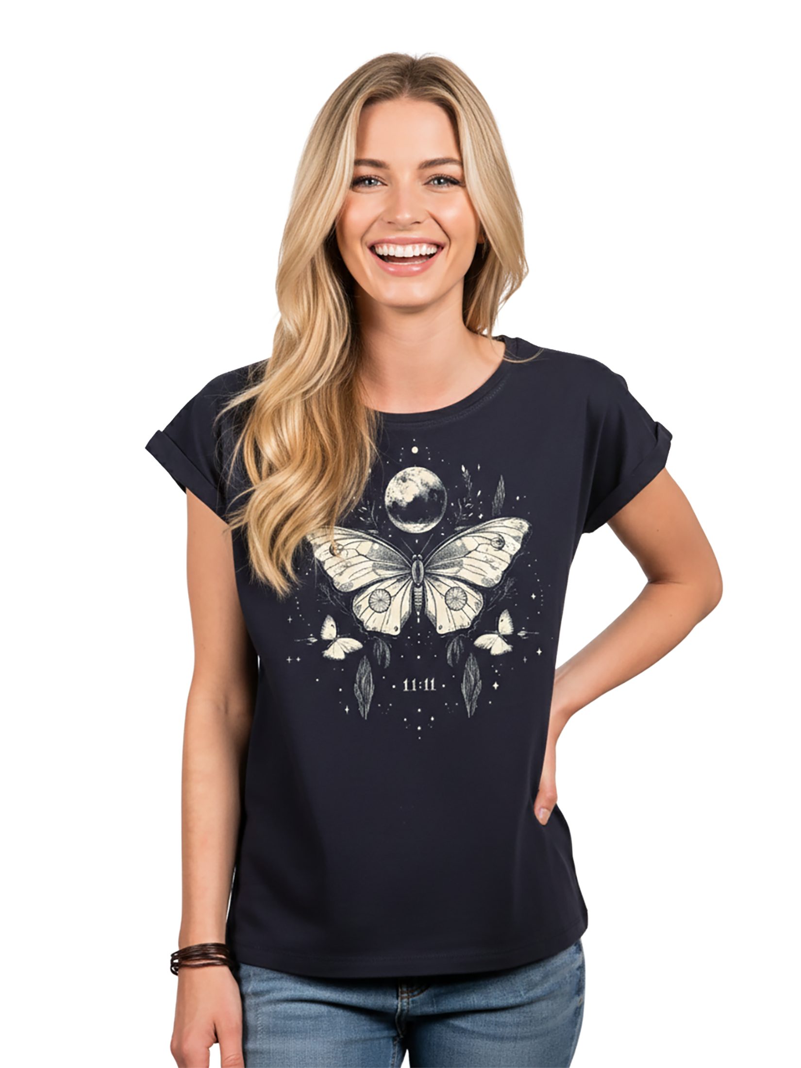 MAKAYA Print-Shirt Schmetterling Damen Tunika Vintage Aufdruck Stylisch Boho Top Modisch (Schwarz, Blau, Grau, 34, 36, 38, 40, 42, 44, 46, 48, 50) Baumwolle