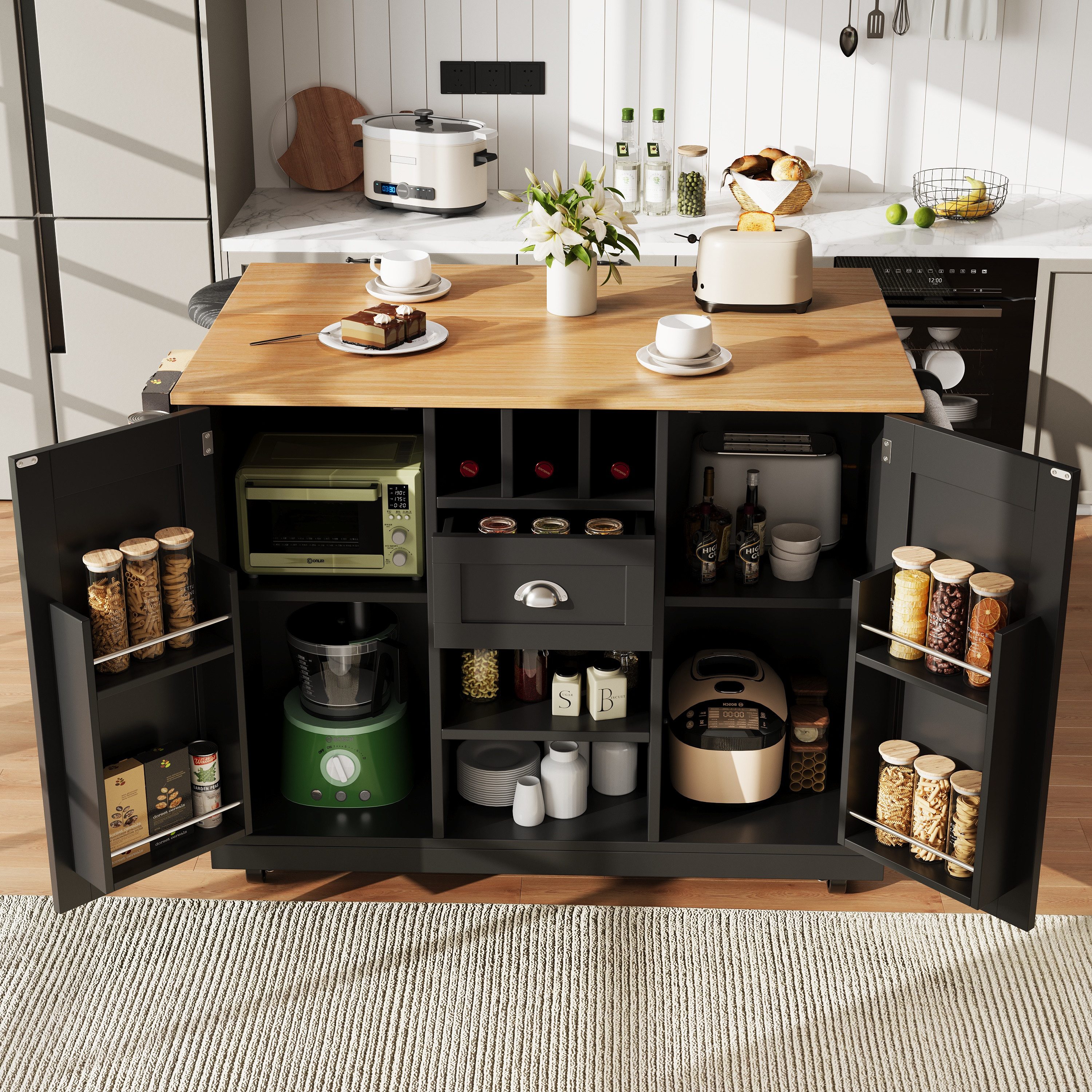Flieks Küchenwagen mit erweiterbare Arbeitsplatte, Rollen und Weinregal Schwarz, (1 St), Servierwagen Buffetschrank Kücheninsel mit Schubladen und Türablagen