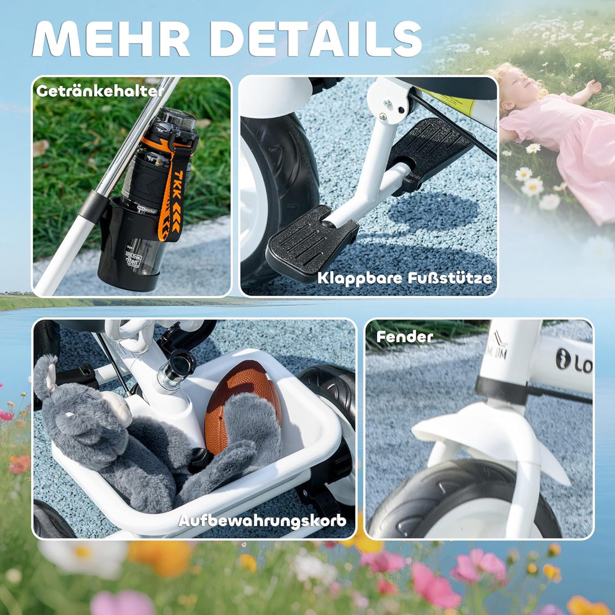 ibettertec Dreirad 6-in-1 Kinderdreirad, Schubstange, abnehmbares Sonnendach, Modular erweiterbar, Traglast bis 25 kg, Weißes Gehäuse