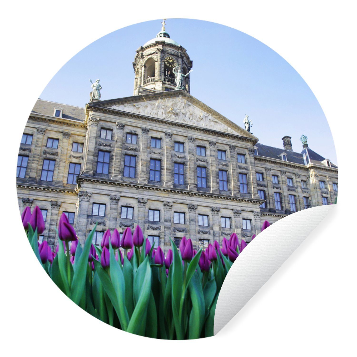 MuchoWow Wandsticker Tulpen wachsen am dem für Amsterdam Dam-Platz - St), Palast Rund, Kinderzimmer, Tapetenkreis (1 Tapetenaufkleber, vor Wohnzimmer