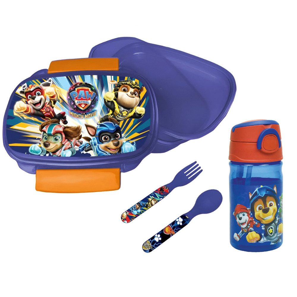 PAW PATROL Lunchbox Paw Patrol Chase Marshall 4 tlg Set Brotdose Trinkflasche Besteck, Kunststoff Aluminium, (4-tlg)