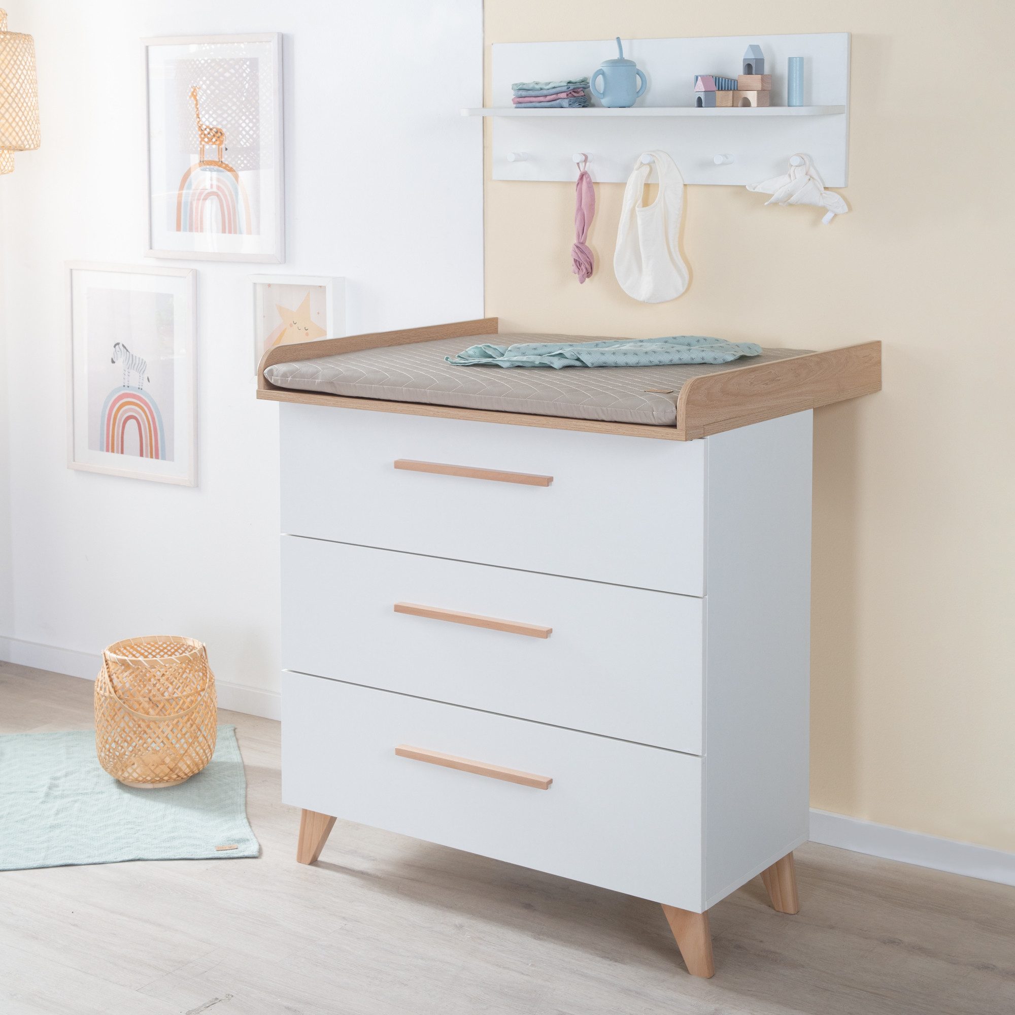 roba® Leon changing table - made of wood - in white with Othello oak decor - 3 drawers, with full extension - solid wood feet & handles