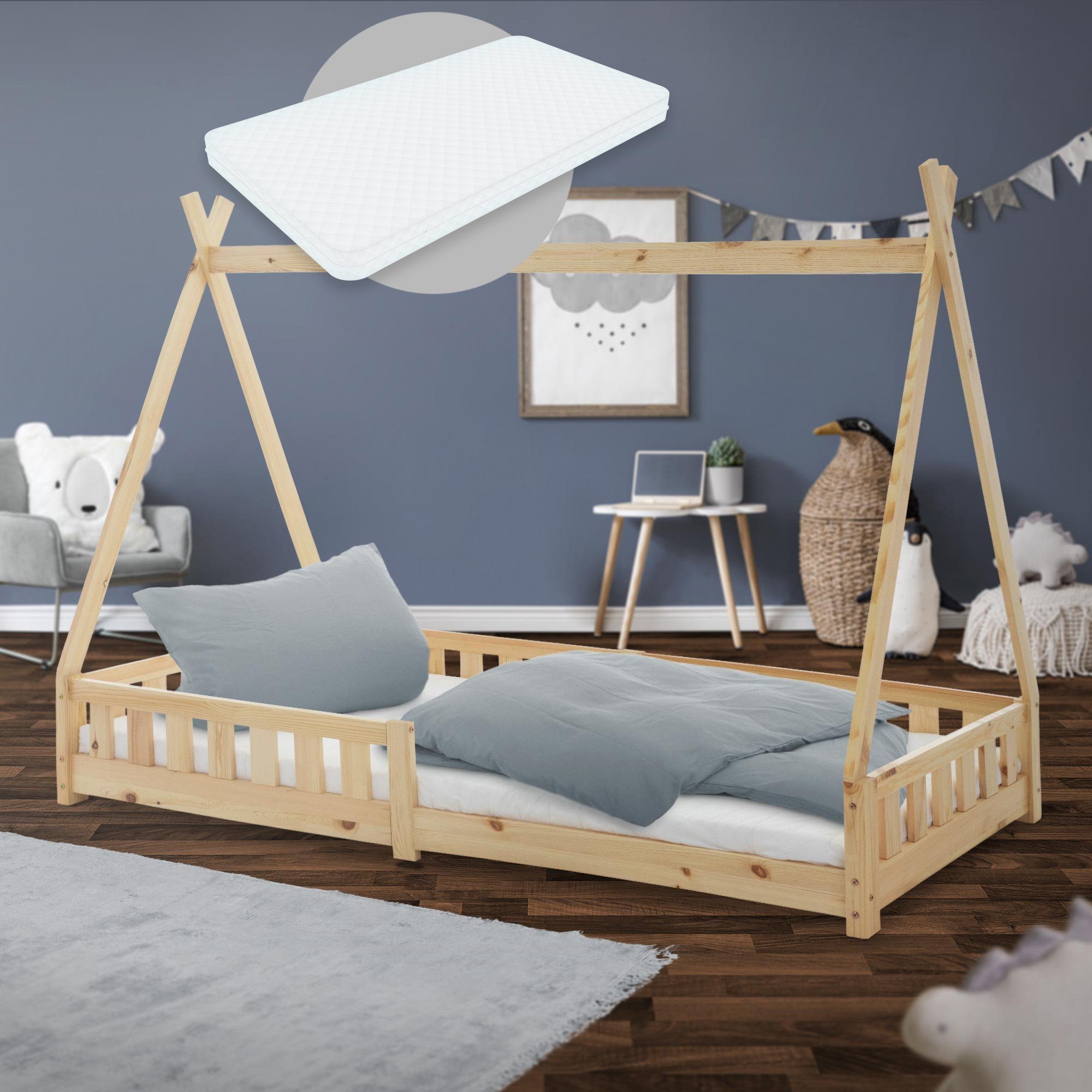 ML-DESIGN Kinderbett Kinderbett mit Rausfallschutz und Lattenrost inkl. Matratze 90x200 cm