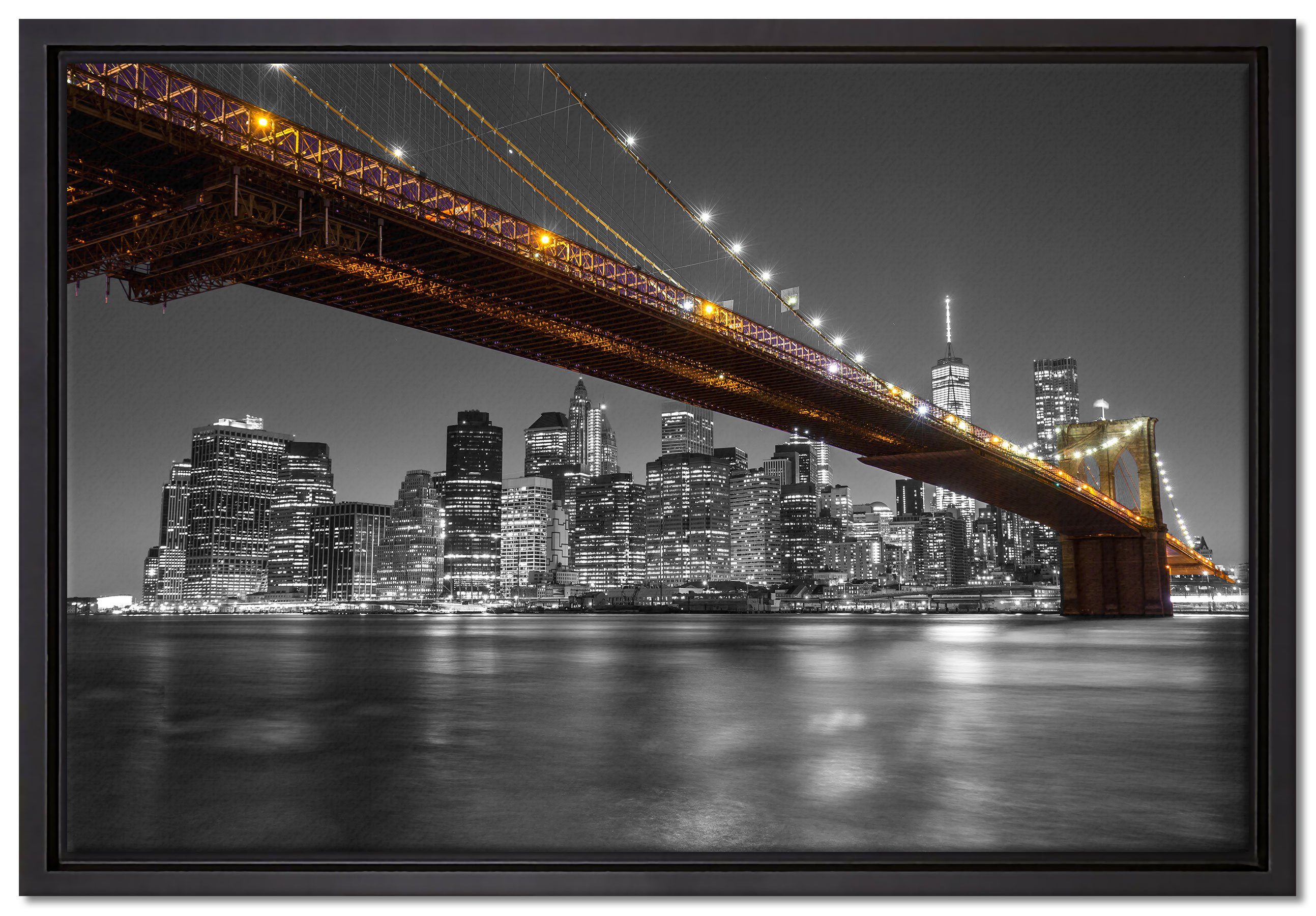 gefasst, Skyline von einem Zackenaufhänger bespannt, inkl. St), Manhattan, in Leinwandbild Leinwandbild (1 Schattenfugen-Bilderrahmen Pixxprint Wanddekoration fertig