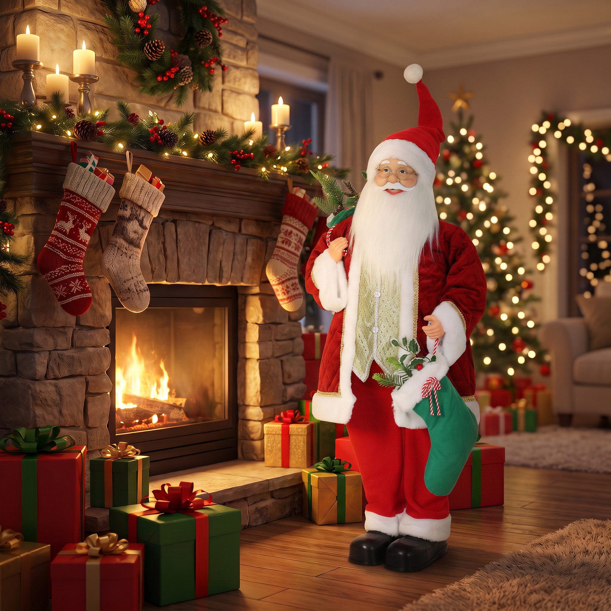 furnicato Weihnachtsfigur 120 x 50 x 25 cm Rot Samt Animierter Weihnachtsmann (1 St), Interaktive Weihnachtsfigur mit Sound- und Berührungssensorik