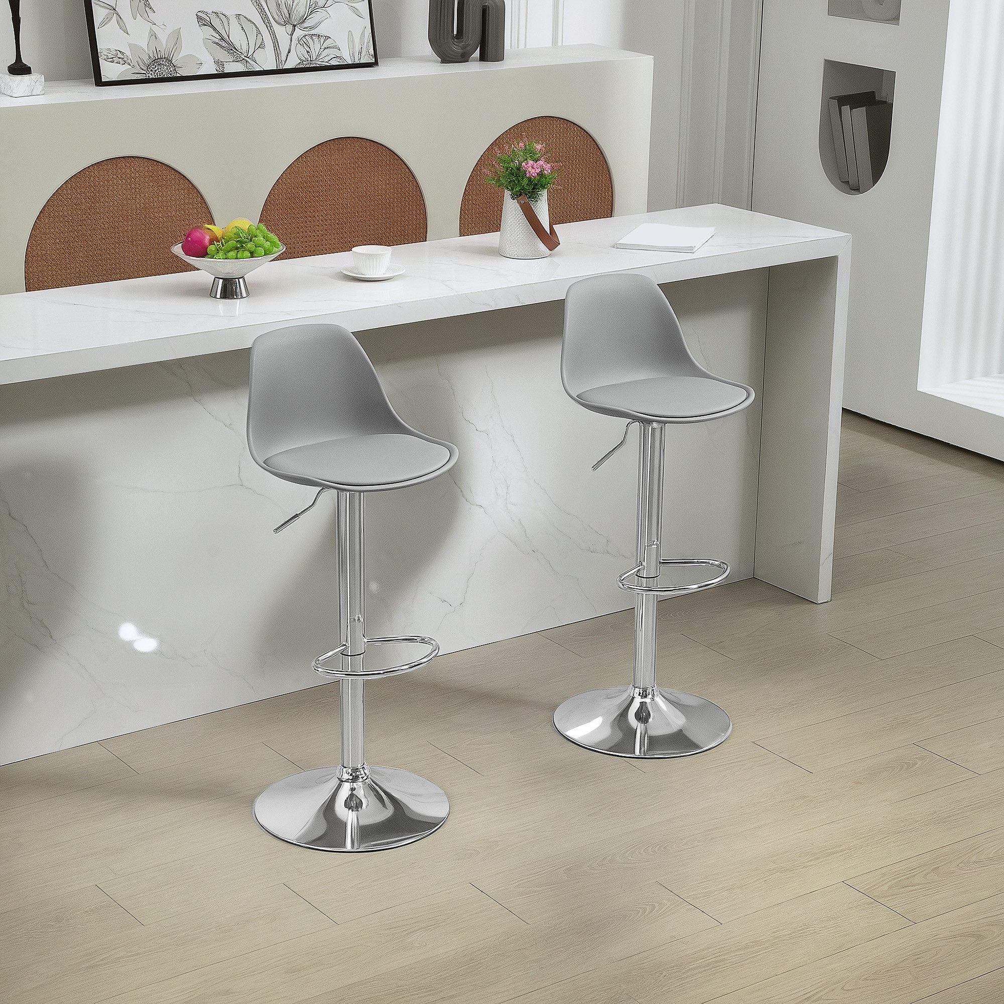 HOMCOM Barhocker Barstuhl mit Stahlgestell, Lehne, aus Kunstleder, Küchenstühle (360° Drehbar Tresenhocker, 2 St., Höhenverstellbar Küchenstühle mit Fußstütze), für Küche, Wohnzimmer, Esszimmer, Kunstleder Grau