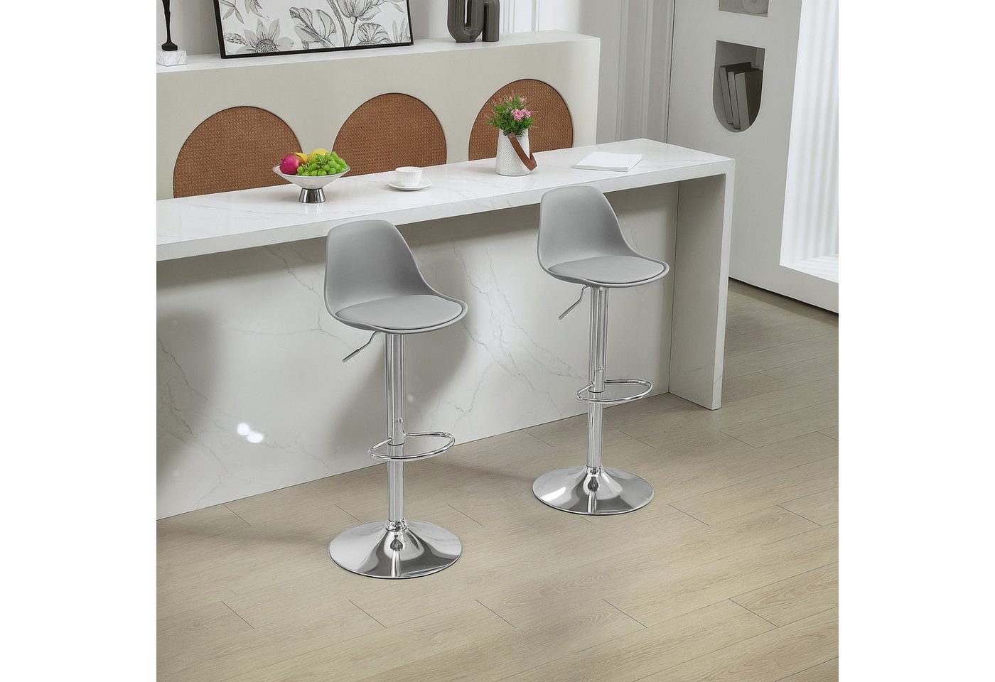 HOMCOM Barhocker Barstuhl mit Stahlgestell, Lehne, aus Kunstleder, Küchenstühle (360° Drehbar Tresenhocker, 2 St., Höhenverstellbar Küchenstühle mit Fußstütze), für Küche, Wohnzimmer, Esszimmer, Kunstleder Grau