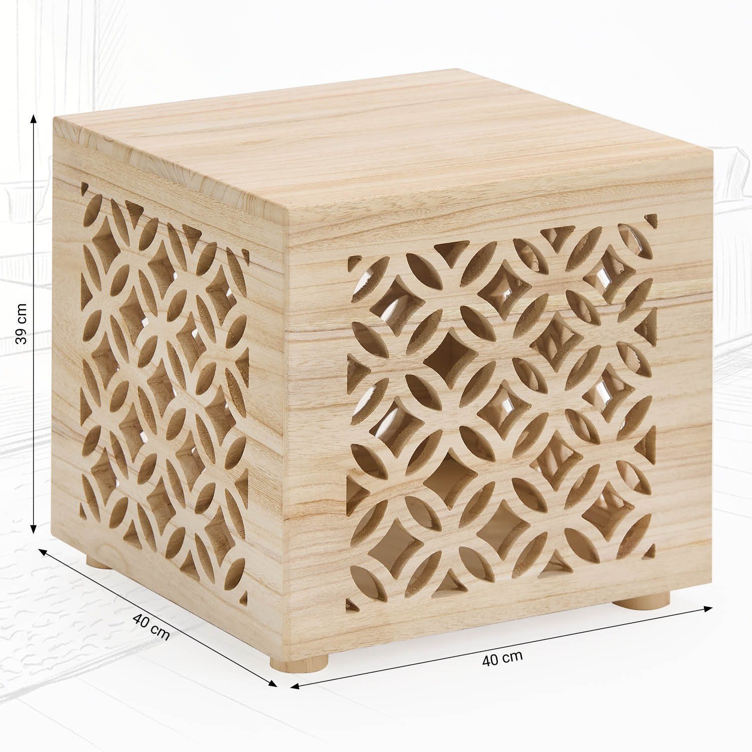 Homestyle4u Nachttisch Hocker Holz Würfel Nachttisch braun natur Couchtisch Muster Wohzimmer