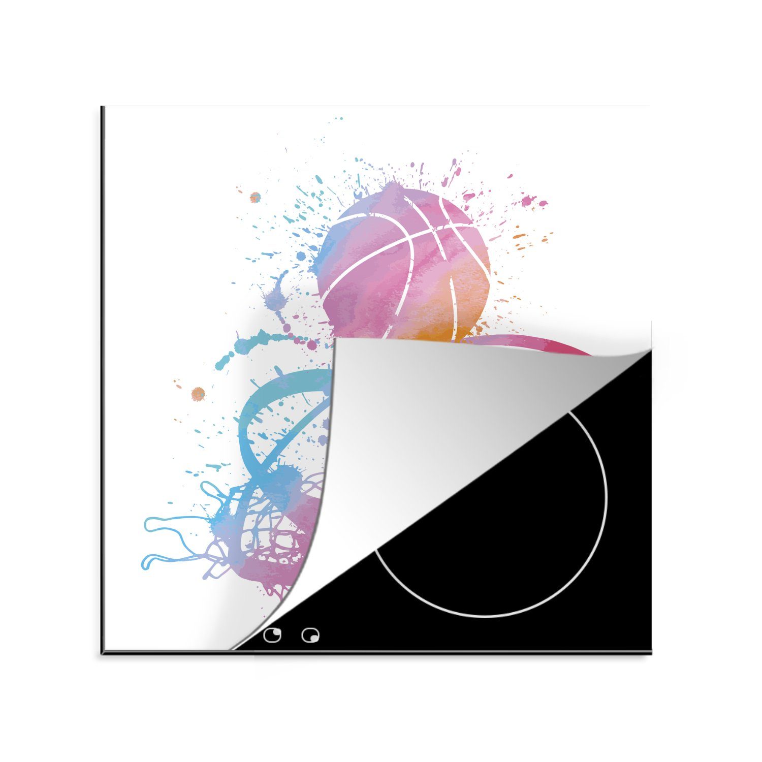 MuchoWow Herdblende-/Abdeckplatte Aquarellierte Illustration eines Basketballs mit Korb, Vinyl, (1 tlg), 78x78 cm, Ceranfeldabdeckung, Arbeitsplatte für küche