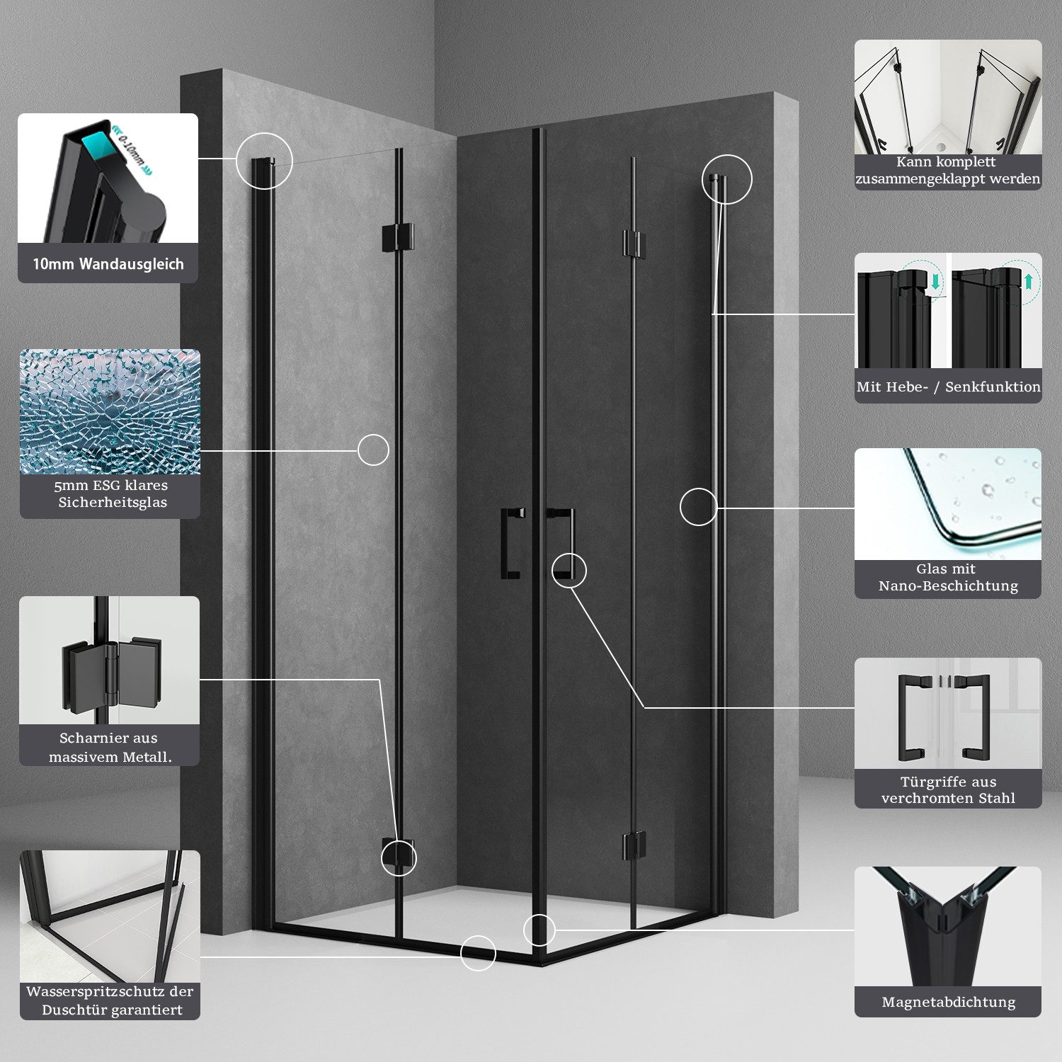 Boromal Eckdusche falttür Duschkabine 90x90 80x80 100x100 H: 195cm, BxT: 90x90 cm, 5mm NANO Sicherheitsglas, Eckeinstieg Schwarz Chrom, mit Alu-Bodenleiste, Magnetverschluss, Duschdichtungen, Rechts-und Links montierbar
