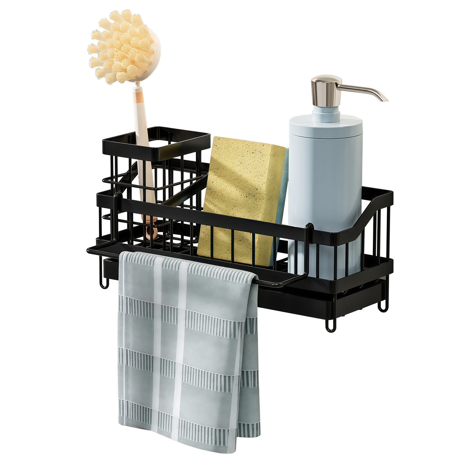 PFCTART Küchenorganizer-Set Küchen-Spülbecken-Organizer aus Metall mit Abtropfsystem, (Set, 1-tlg., Wandmontage oder Arbeitsplatte, inkl. Klebehaken, Schwarz), Automatischer Wasserablauf, 360° drehbar, rostfrei & stabil
