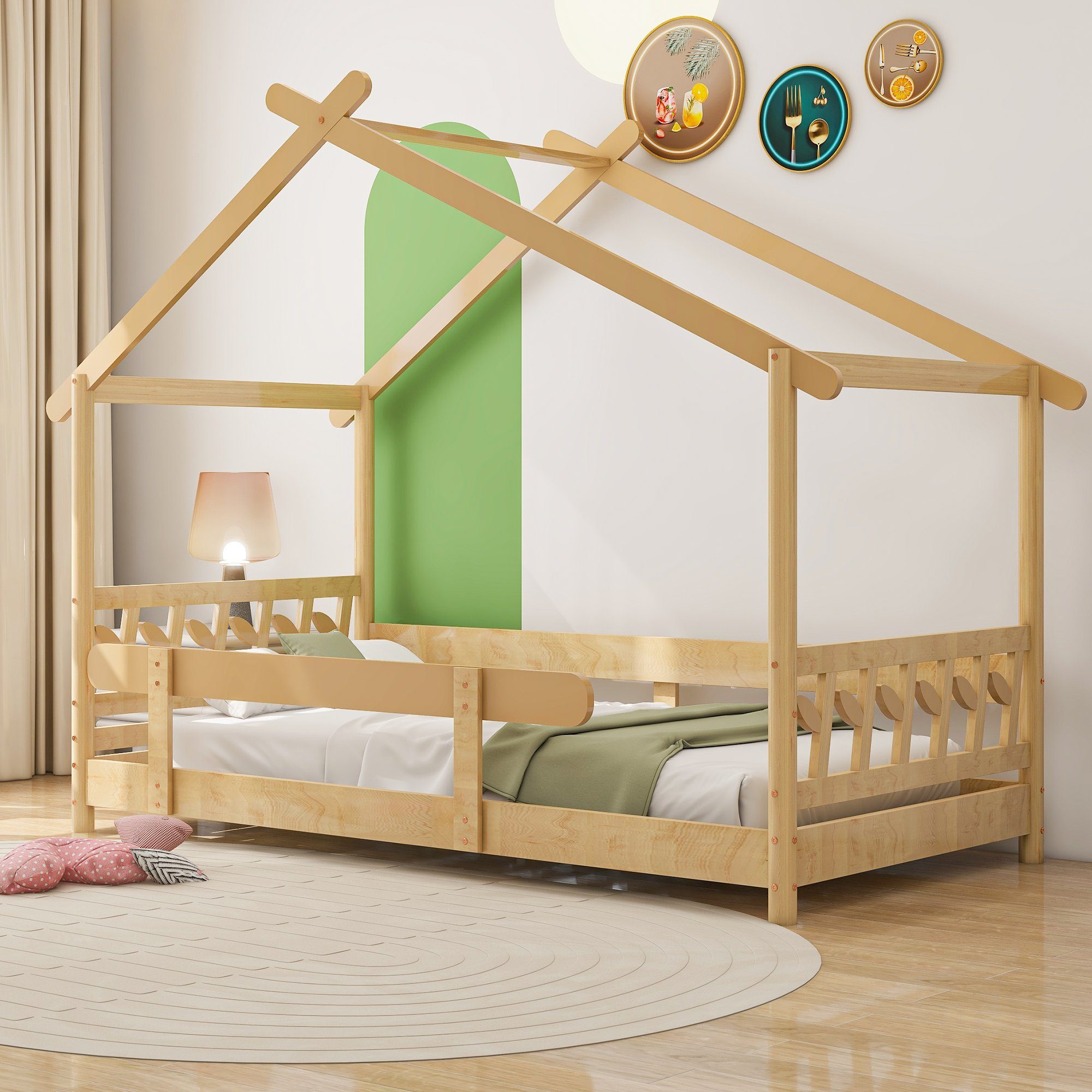 Flieks Kinderbett Dream high, Schönes Hausbett mit Rausfallschutz 90x190cm natur