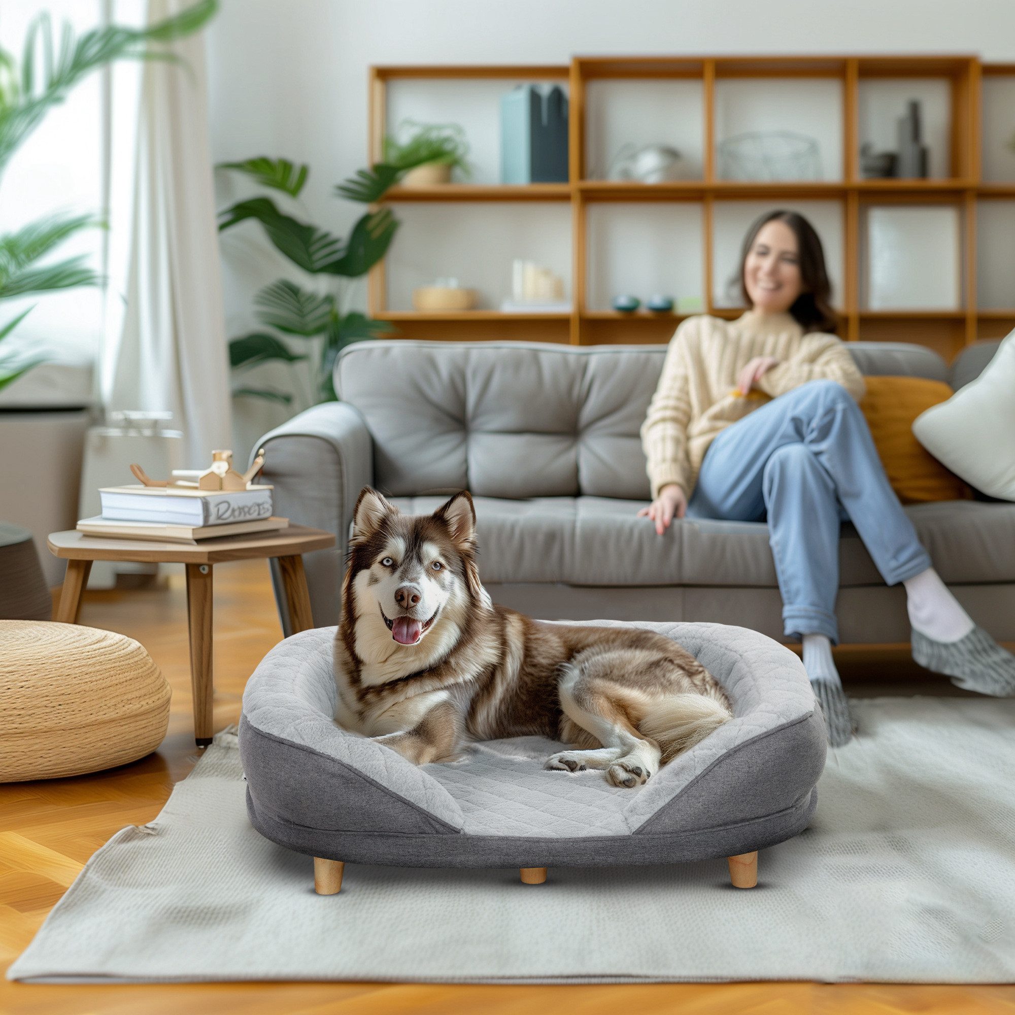 PawHut Tierbett Waschbarer Bezug, mit Rückenlehne und Holzbeine, Polyester, für mittelgroße Hunde unter 25 kg, Grau