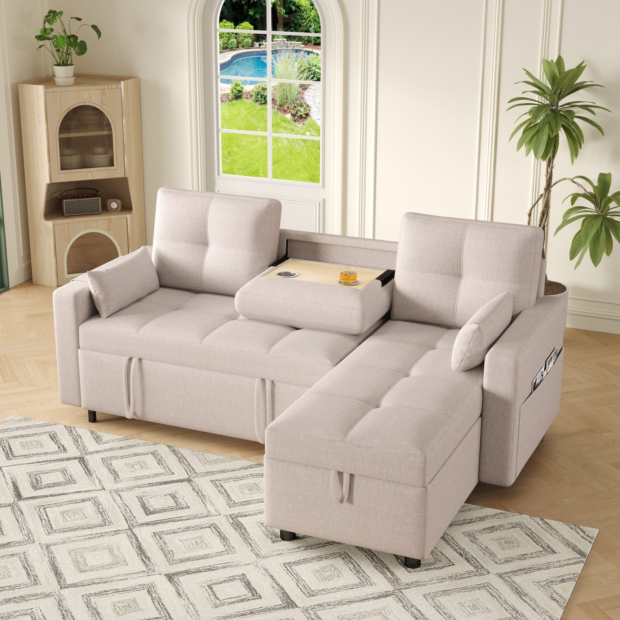 HAUSS SPOLE Schlafsofa mit Schlaffunktion Modernes L-Sofa mit Stauraum Ecksofa Wohnzimmersofa, Wohnzimmersofa, Polstersofa 1 Teile, mit herunterziehbarem Getränkehalter
