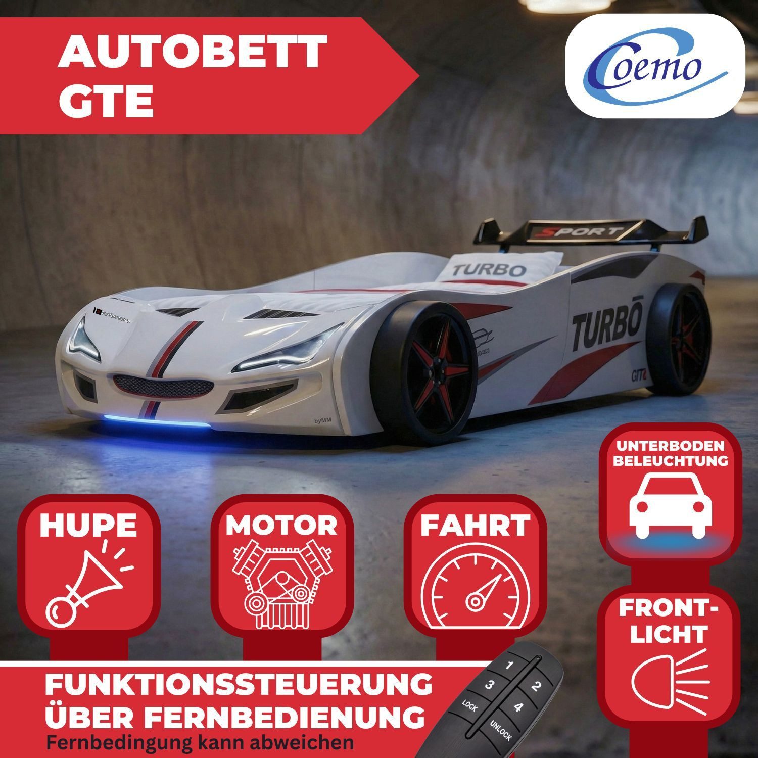 Coemo Autobett GTE (1-tlg., Komplett-Set Bett und Lattenrost), Rot Autobett Rennwagen GTE mit Lattenrost, Beleuchtung, Motorgeräusche