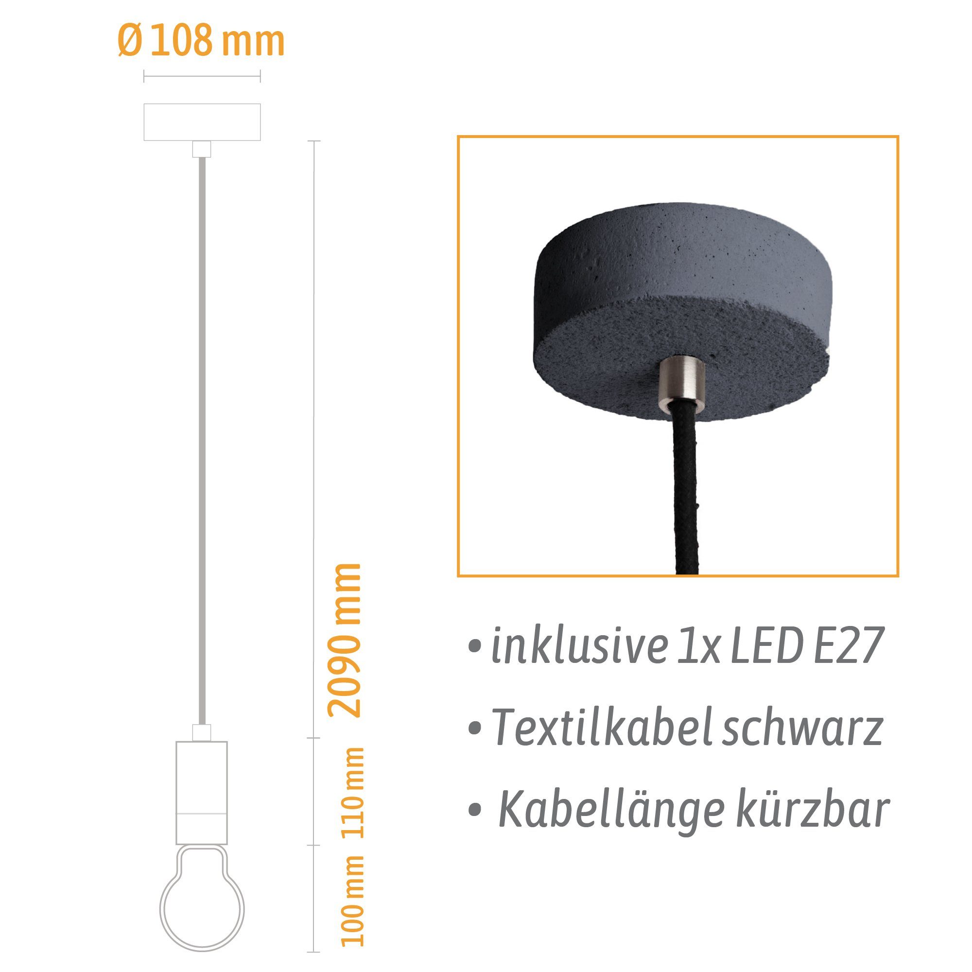 Beton LED-Hängeleuchte Haengelampe PIA E27 mit Globe Spiral, anthrazit LED Warmweiß Filament SSC-LUXon