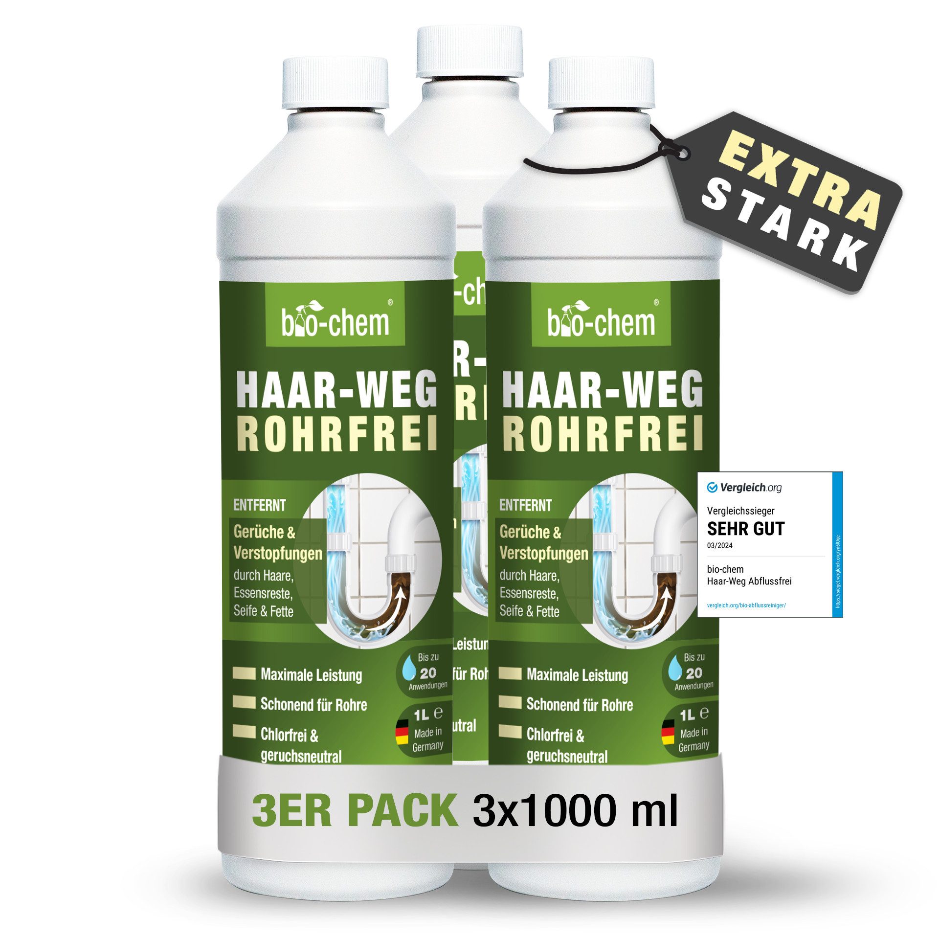 Abflussreiniger EXTRA STARK 3x 1 L Profi Rohrreiniger, Geruchsneutral Rohrreiniger