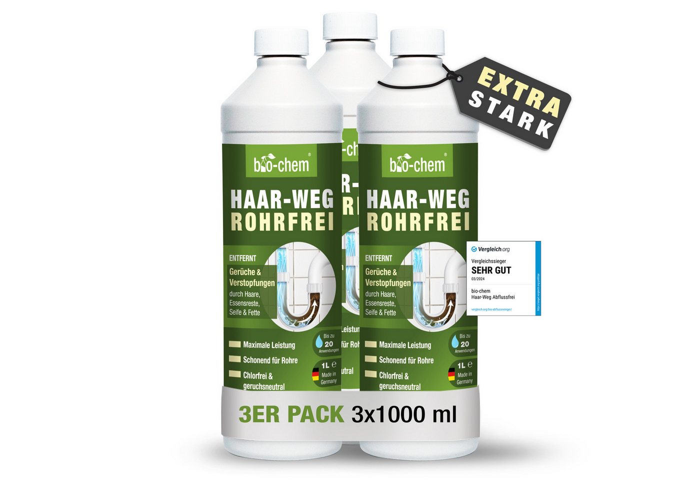 bio-chem Abflussreiniger EXTRA STARK 3x 1 L Profi Rohrreiniger, Geruchsneutral Rohrreiniger (Sparpaket, [- HAAR-WEG Abflussfrei 3x 1 l Chlorfrei und geruchsneutral – sicher in Anwendung)
