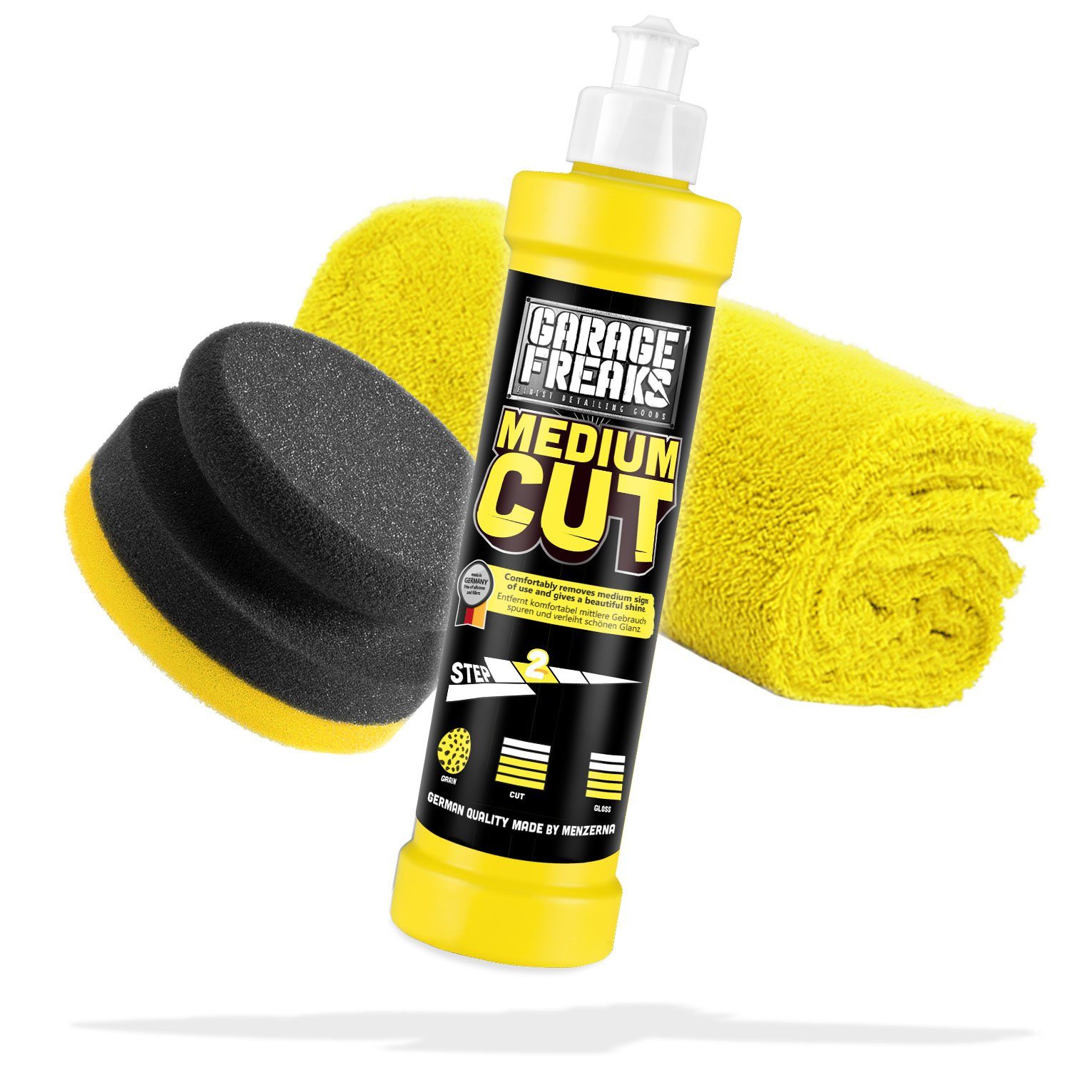 Garage Freaks Auto Handpolitur Set Medium Cut Schleifpolitur 250ml + Mikrofasertuch Autopolitur (3 St), Auto Hand Polier Set