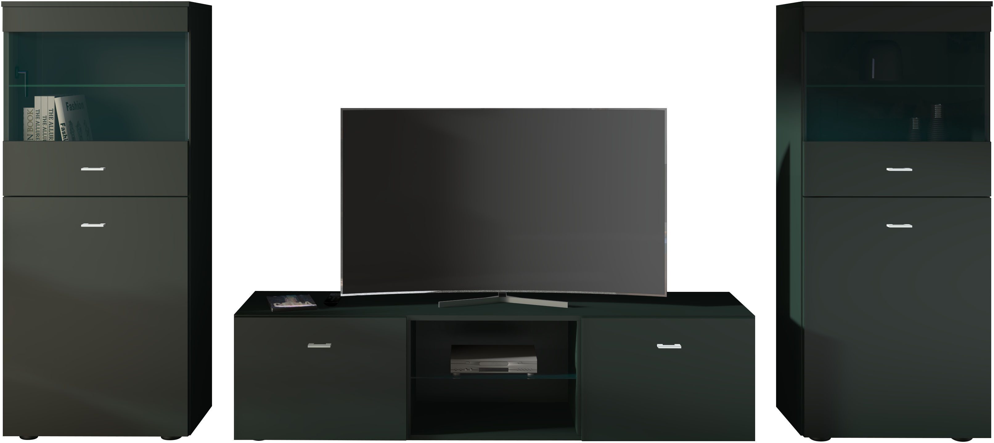 borchardt Möbel Wohnwand Scala, Mediawand 3-teilig mit 2 Vitrinen und Lowboard, Mit Griffen oder Push-to-open-Systemen, Fronten matt oder glänzend