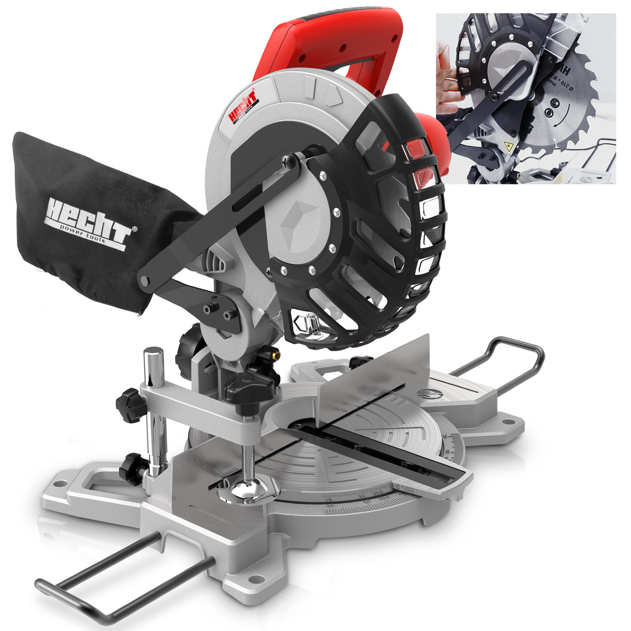 Hecht Kappsäge mit Schnittlaser 210 mm Ø-HM Sägeblatt Gehrungsschnitte, 1400W, Staubfangsack, Absauganschluss, 5000 U/min