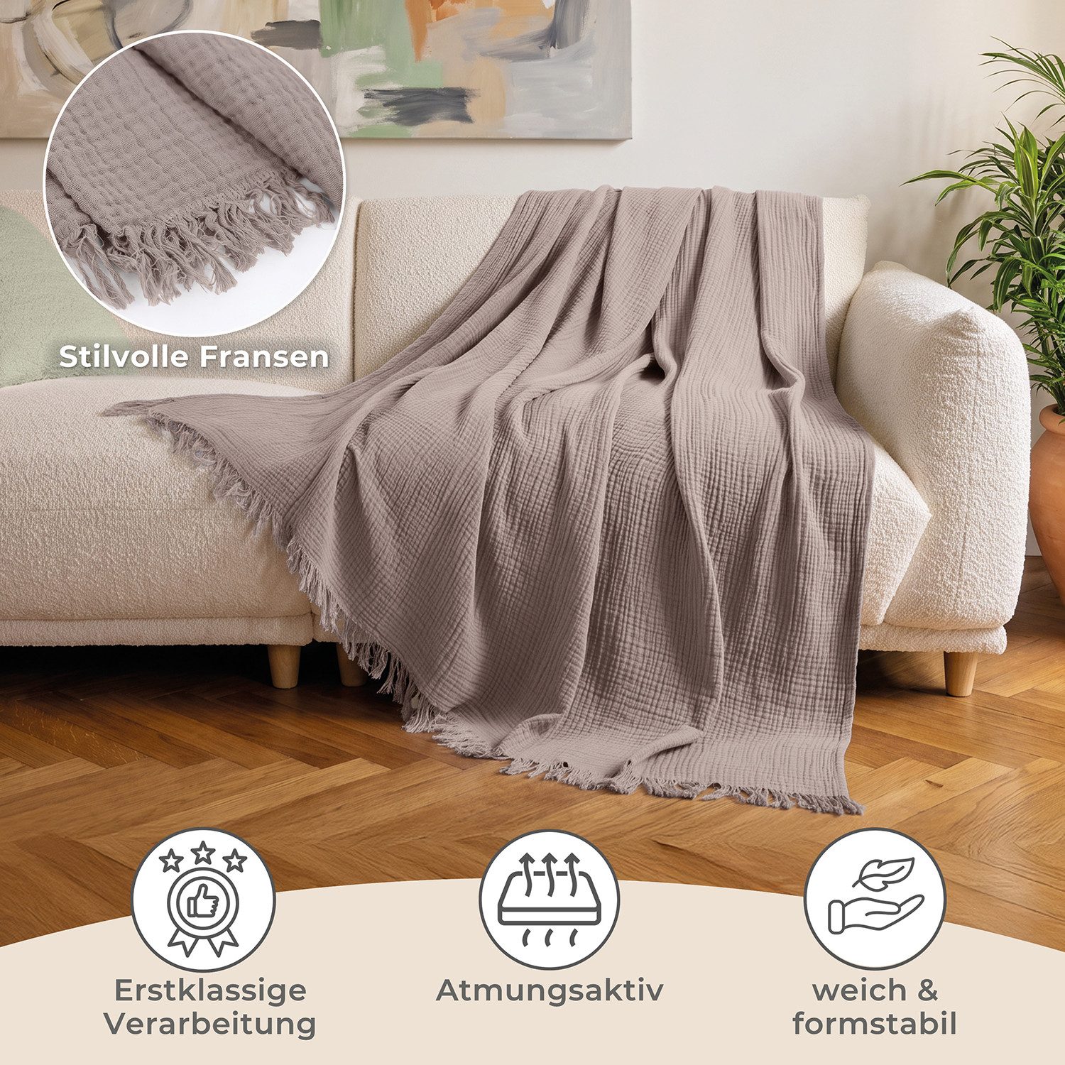Laynenburg Tagesdecke Musselin mit Fransen aus 100% Baumwolle – Baumwolldecke, Wohndecke als Sommerdecke, Bett-Überwurf, Sofa-Decke, Kuscheldecke – Bild 3 von 5